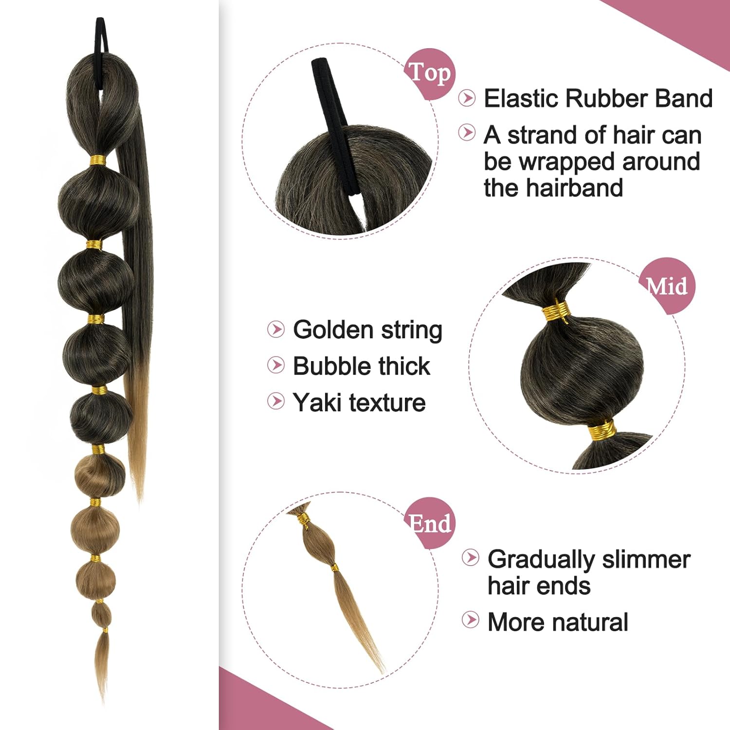 Benehair Extensión de cola de caballo larga de burbujas para mujer, cola de caballo afro negra, trenzada, con banda para el cabello, extensiones de