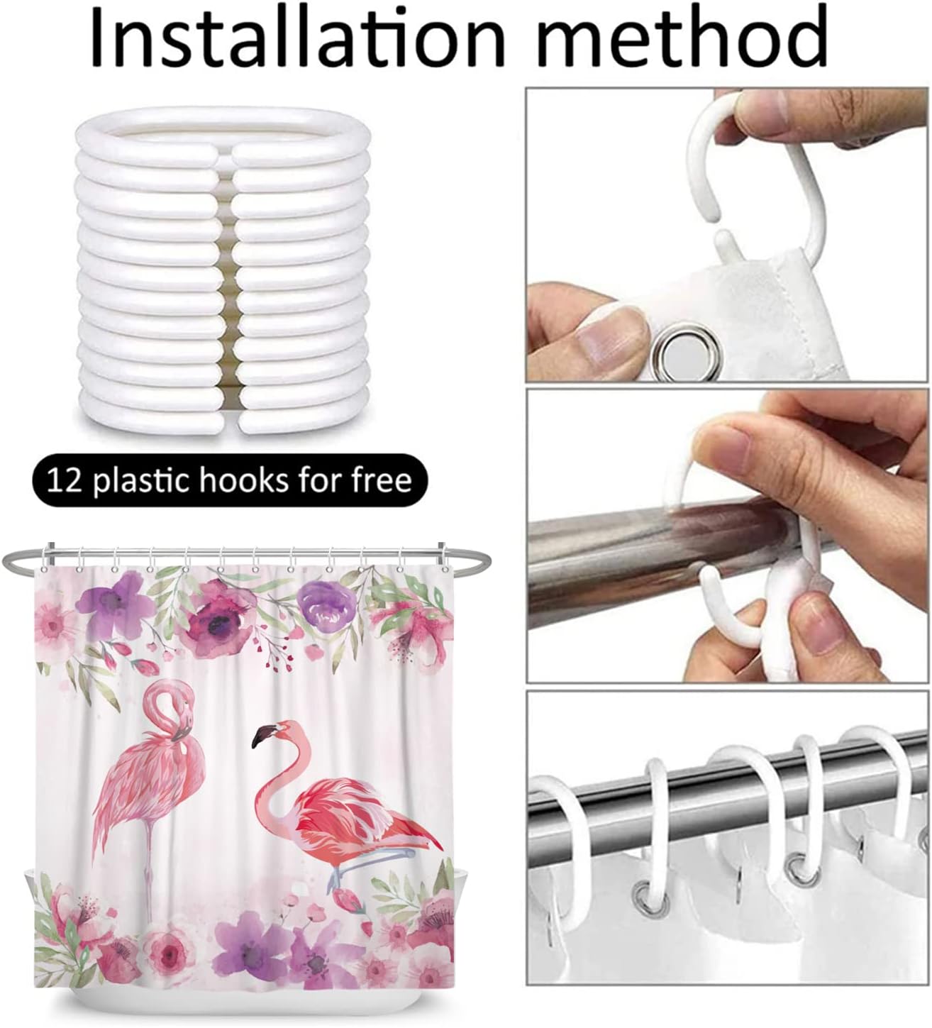 Cortinas de ducha de flamenco rosa para baño, cortina de ducha floral de 72 pulgadas de ancho x 72 pulgadas de largo, hoja de palma verde, planta