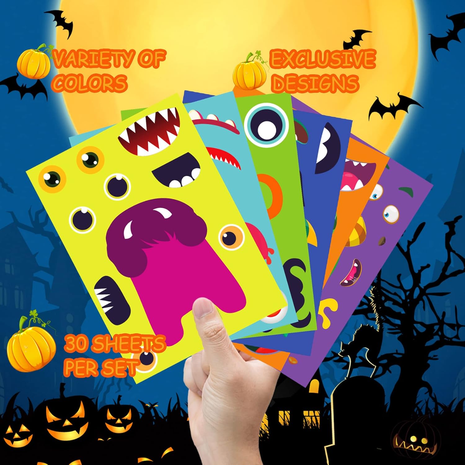 Funnlot Calcomanías de Halloween para niños, juegos de fiesta de Halloween, calcomanías para niños, calcomanías de monstruo, 30 unidades,