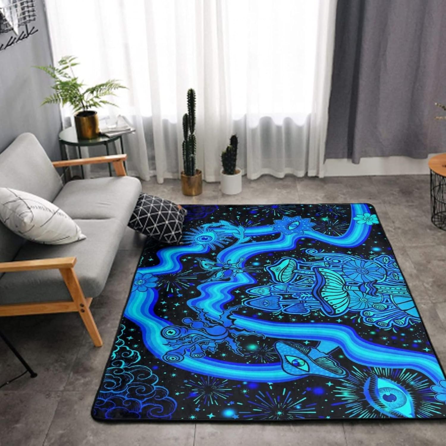 Alfombra de área ultra suave y acogedora para niñas, niños, adolescentes, alfombra de área de juegos, hongos, flores, ojos, estrellas, plantas