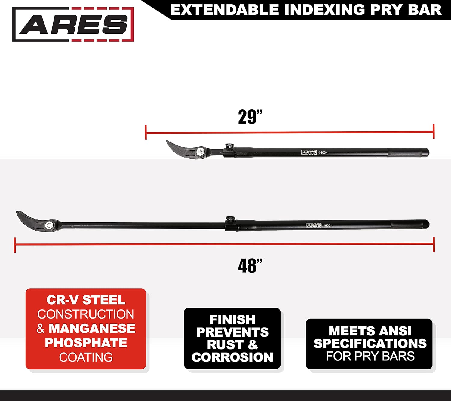 ARES Barra de palanca de indexación extensible 46004-29 pulgadas a 48 pulgadas – Cabezal de ángulo ajustable de 14 posiciones – Acero al cromo
