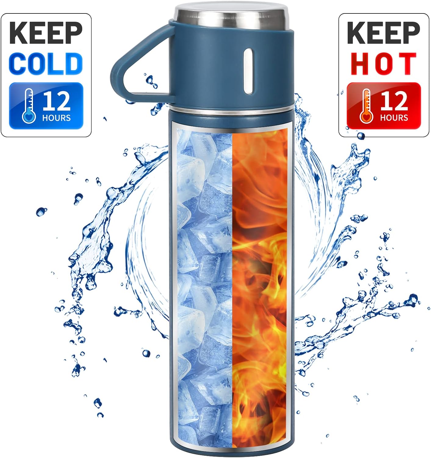 Juego de termo de acero inoxidable de 16.9 fl oz17 onzas, botella de agua aislada con tres tazas para bebidas calientes y frías, color azul