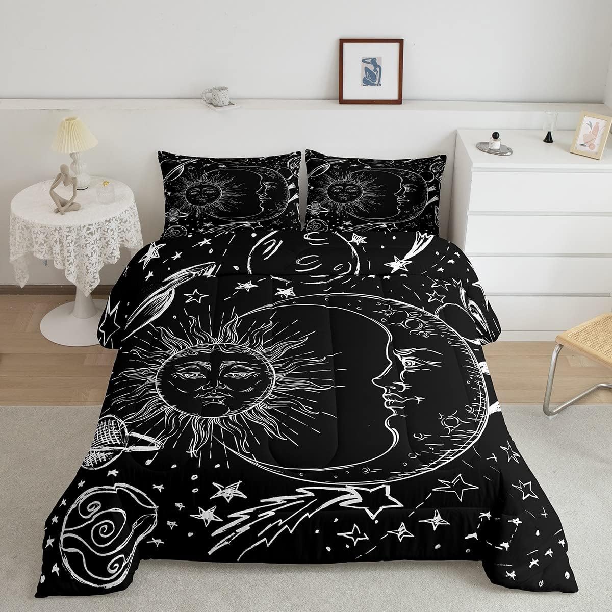 Feelyou Juego de ropa de cama de sol y luna, juego de edredón de estilo bohemio para niños y niñas, edredón de galaxia cósmica celestial, juego de