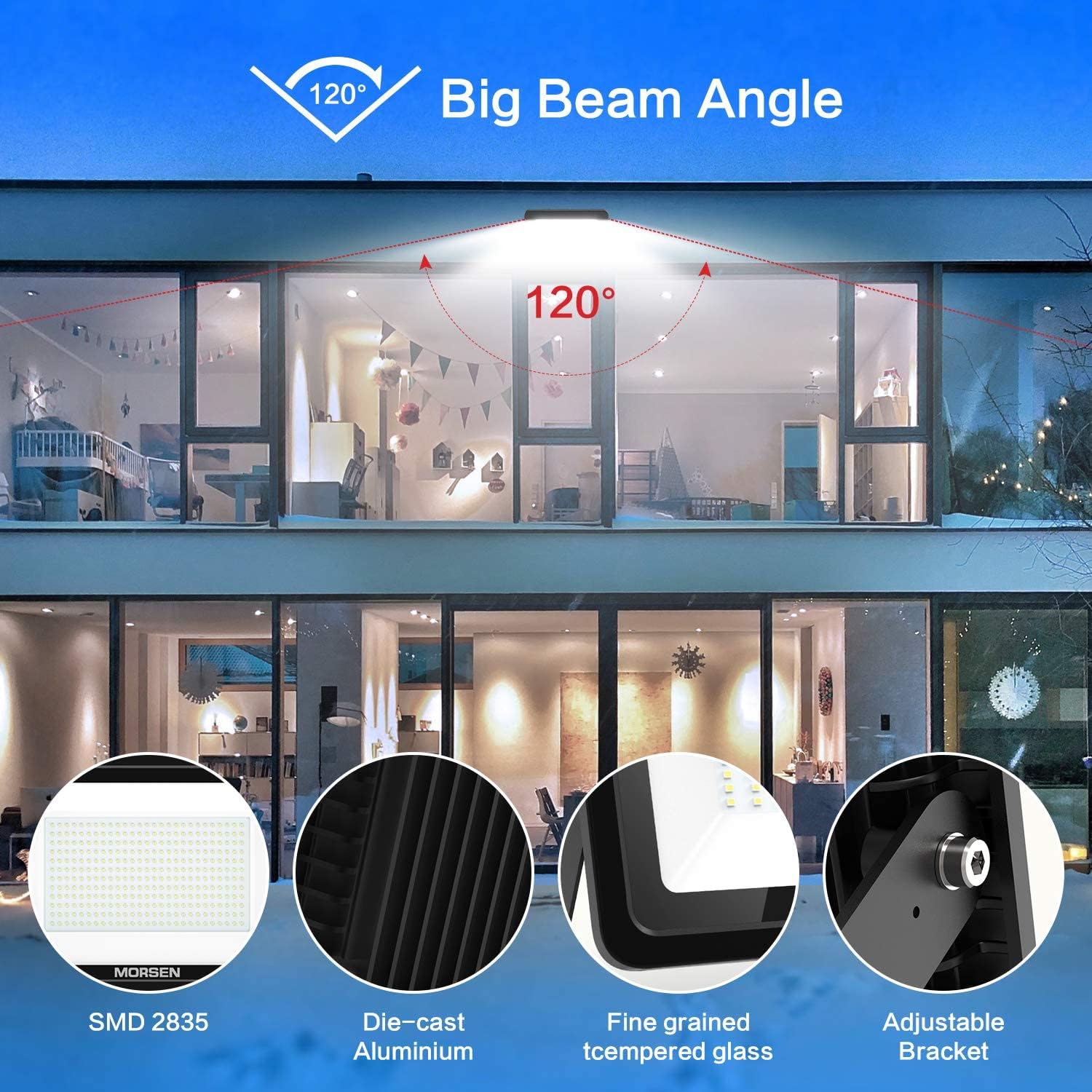 MORSEN Paquete de 2 luces LED de 300 W, luces de seguridad superbrillantes de 30000 lm, enchufe certificado UL, luz de inundación impermeable IP66