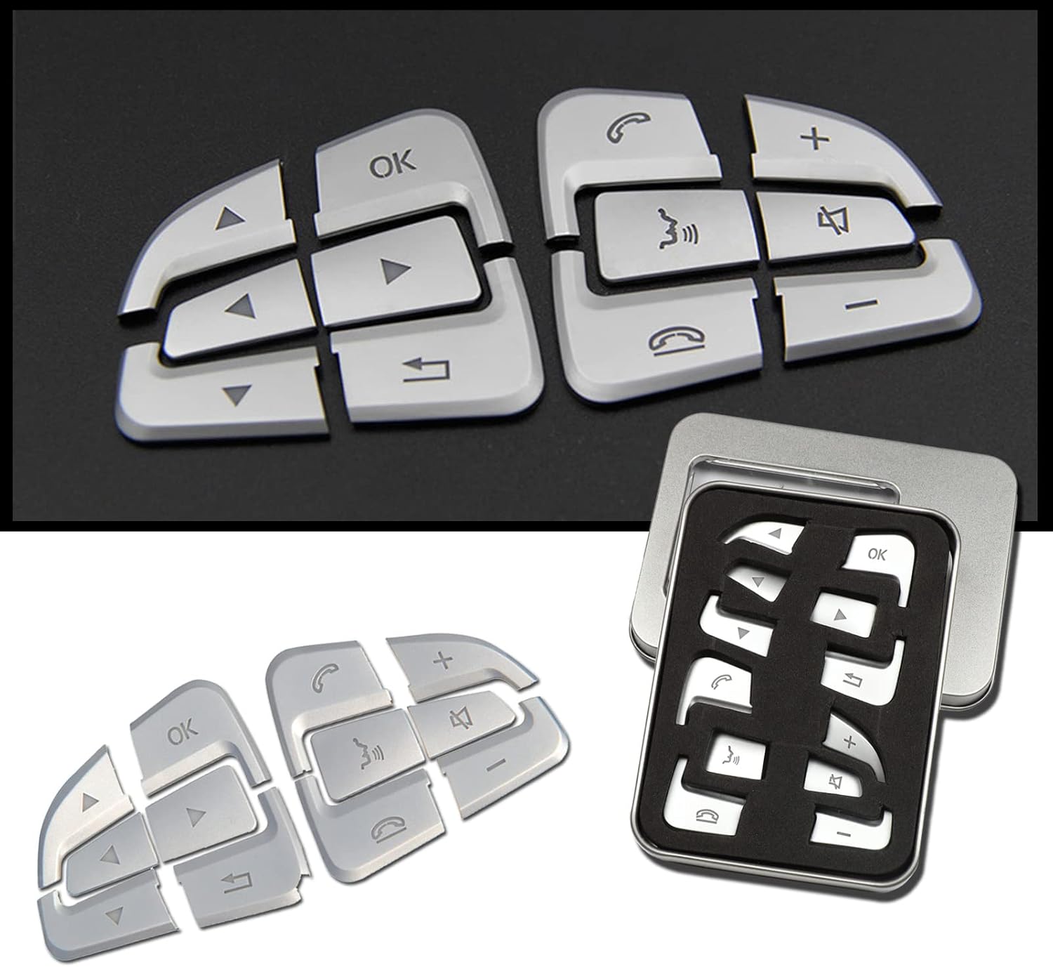 Cubierta plateada para botón de volante para decoración interior de automóvil, compatible con Mercedes Benz CLACLSSLMLGLGLKGLAA B C E G Class