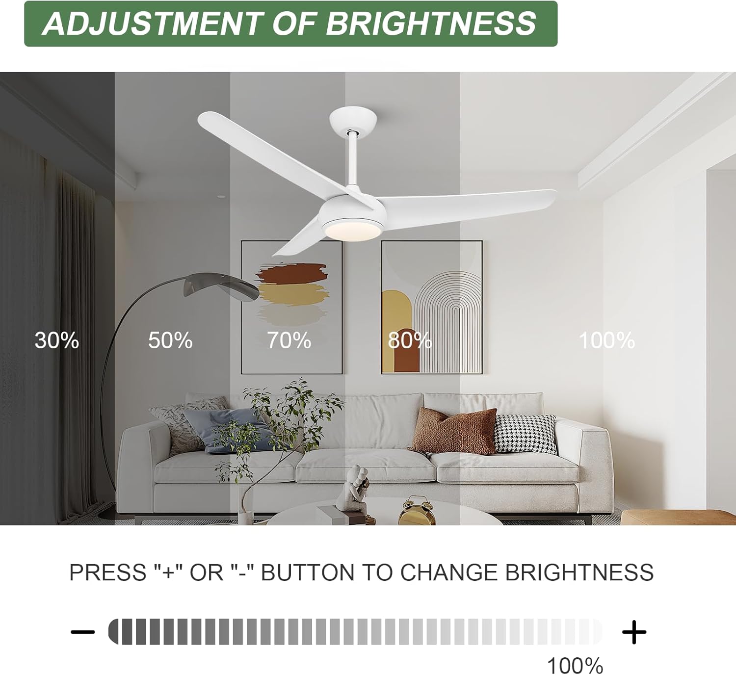 Ventilador de techo blanco con luz, ventilador de techo de 52 pulgadas con luz y control remoto, ventiladores de techo de 3 aspas, motor de CC