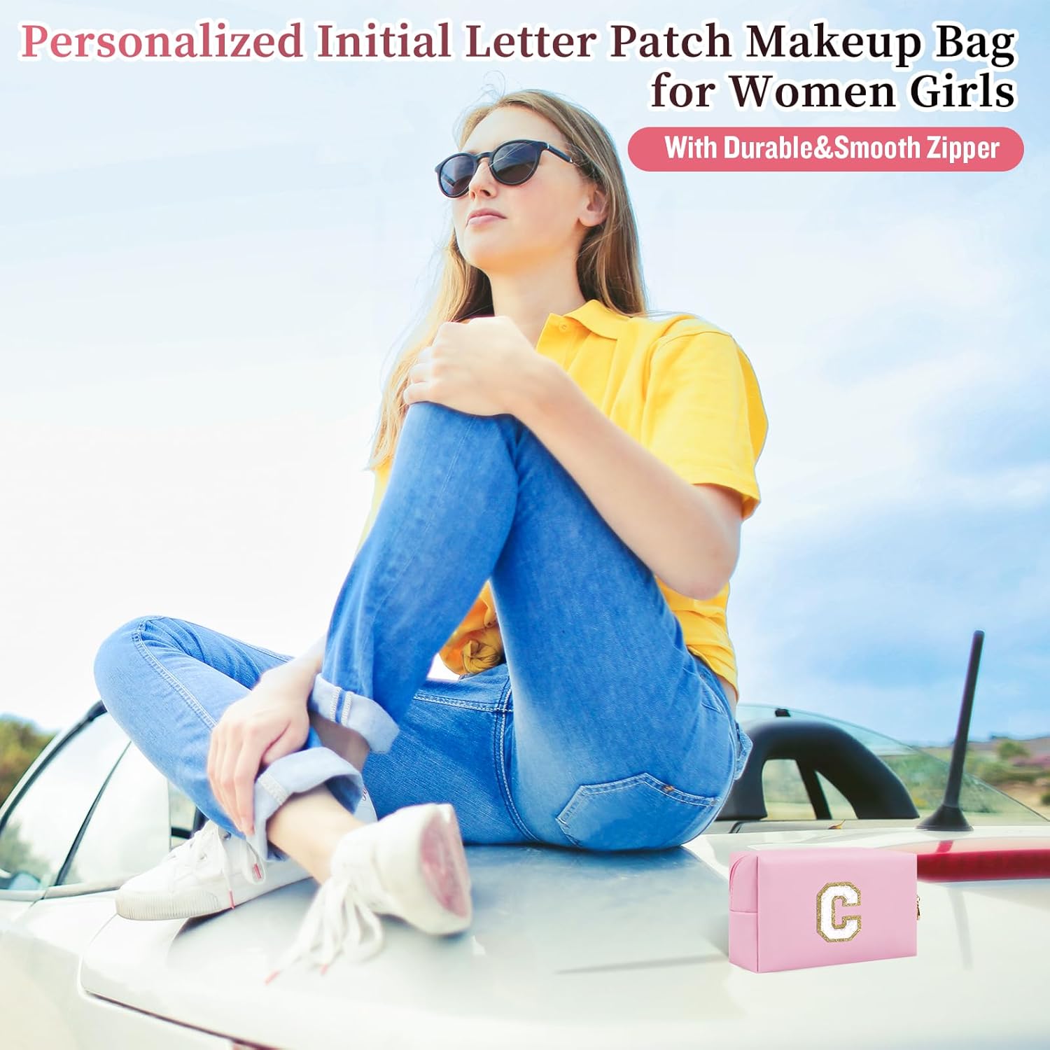 Bolsa de maquillaje personalizada con parche de letra inicial, bolsa de cosméticos con cremallera, RosaBlanco-Letra