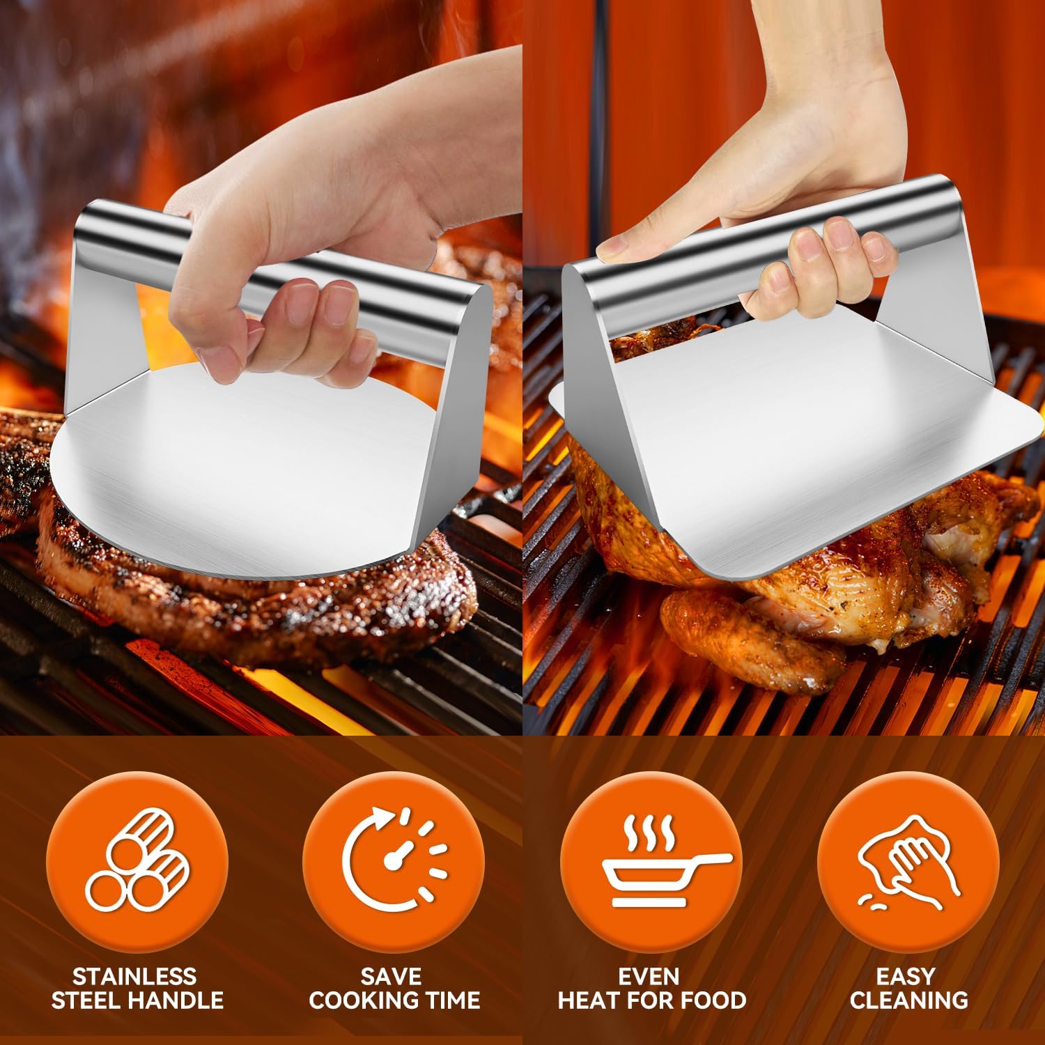 Yegmn Prensa de hamburguesas de acero inoxidable, prensa de hamburguesas redonda y cuadrada de 5.5 pulgadas para tocino, bistec, sándwich,