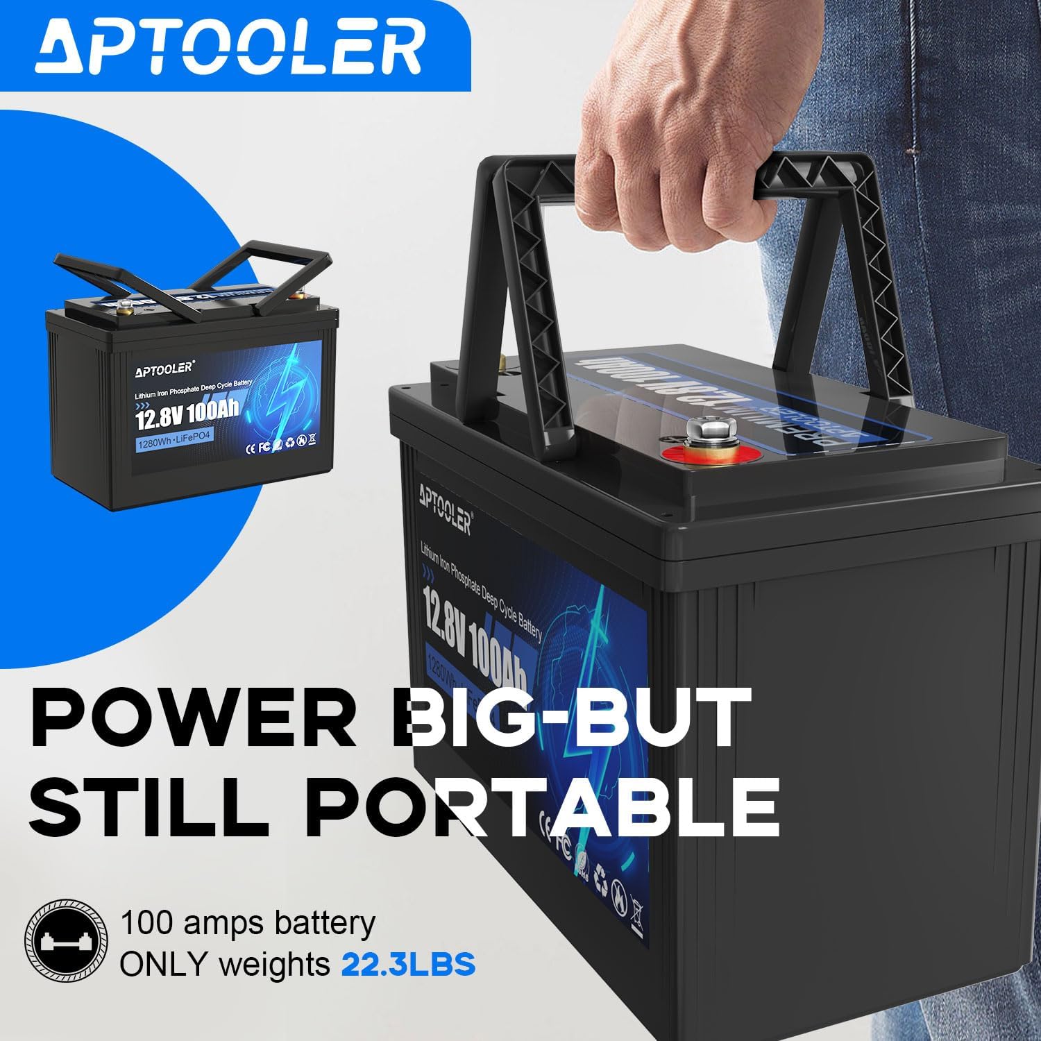 TOMORTOOL APTOOLER – Batería LiFePO4 de ciclo profundo 5000+, 12 voltios, 100 Ah, tasa de autodescarga del 3%, corriente de descarga máxima de 100