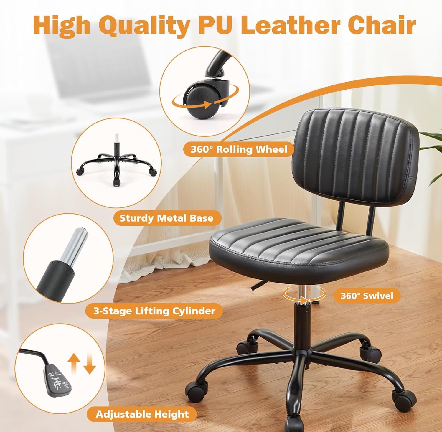 Sweetcrispy Silla pequeña de escritorio de oficina con ruedas y soporte lumbar, cómoda silla giratoria de piel sintética con ruedas y soporte