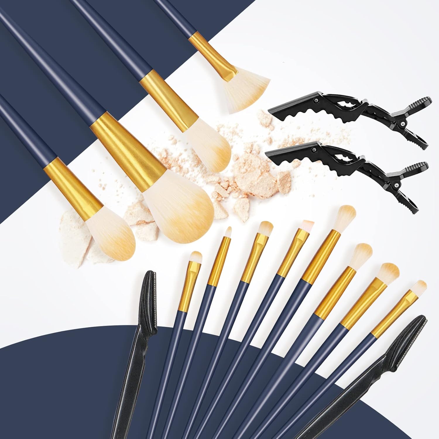 Juego de 16 brochas de maquillaje sintéticas profesionales para sombra de ojos, base, rubor y corrector con recortador de cejas y pinzas de cocodrilo