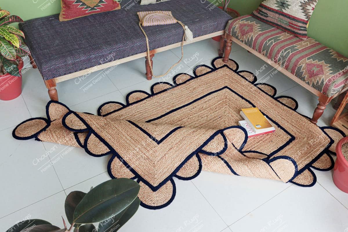 Chouhan Rugs Area Rug – Alfombra trenzada a mano de yute natural, color azul marino