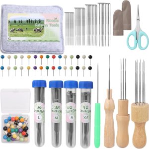 BAGERLA Kit de herramientas de fieltro de agujas de 118 piezas, herramientas de fieltro de lana con 80 agujas, 3 modelos, asas de madera, BAGERLA Kit de herramientas de fieltro de agujas de 118 piezas, herramientas de fieltro de lana con 80 agujas, 3 modelos, asas de madera,