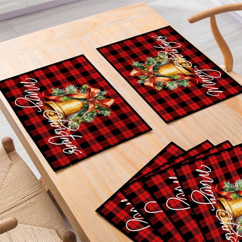 Juego de 6 manteles individuales de Navidad con estampado a cuadros de búfalo rojo para mesa de comedor, regalo de invierno, manteles individuales