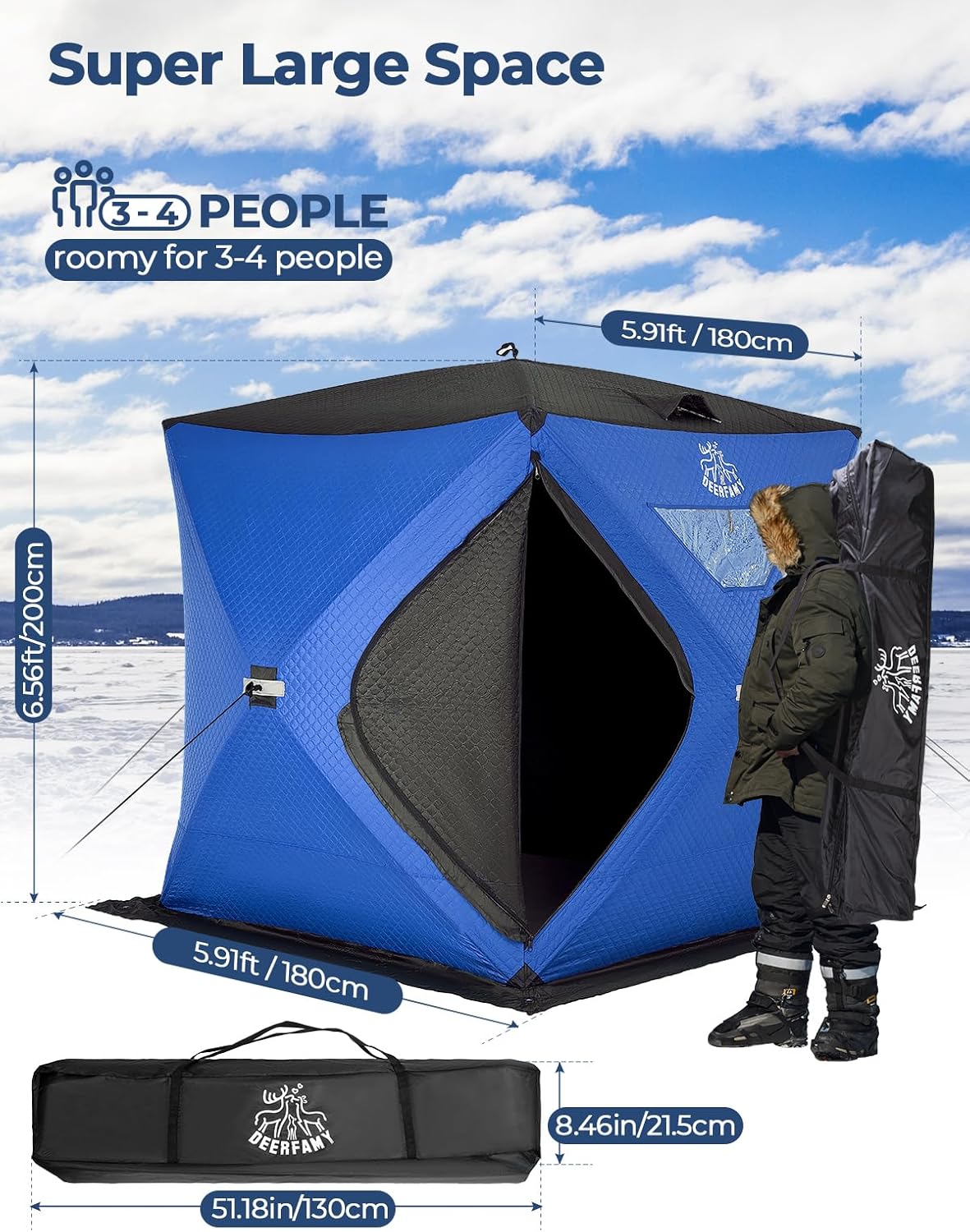 DEERFAMY Refugio de pesca en hielo de 3 capas relleno de algodón, 345678 personas, carpa de pesca en hielo, tienda de campaña aislada con bolsa de