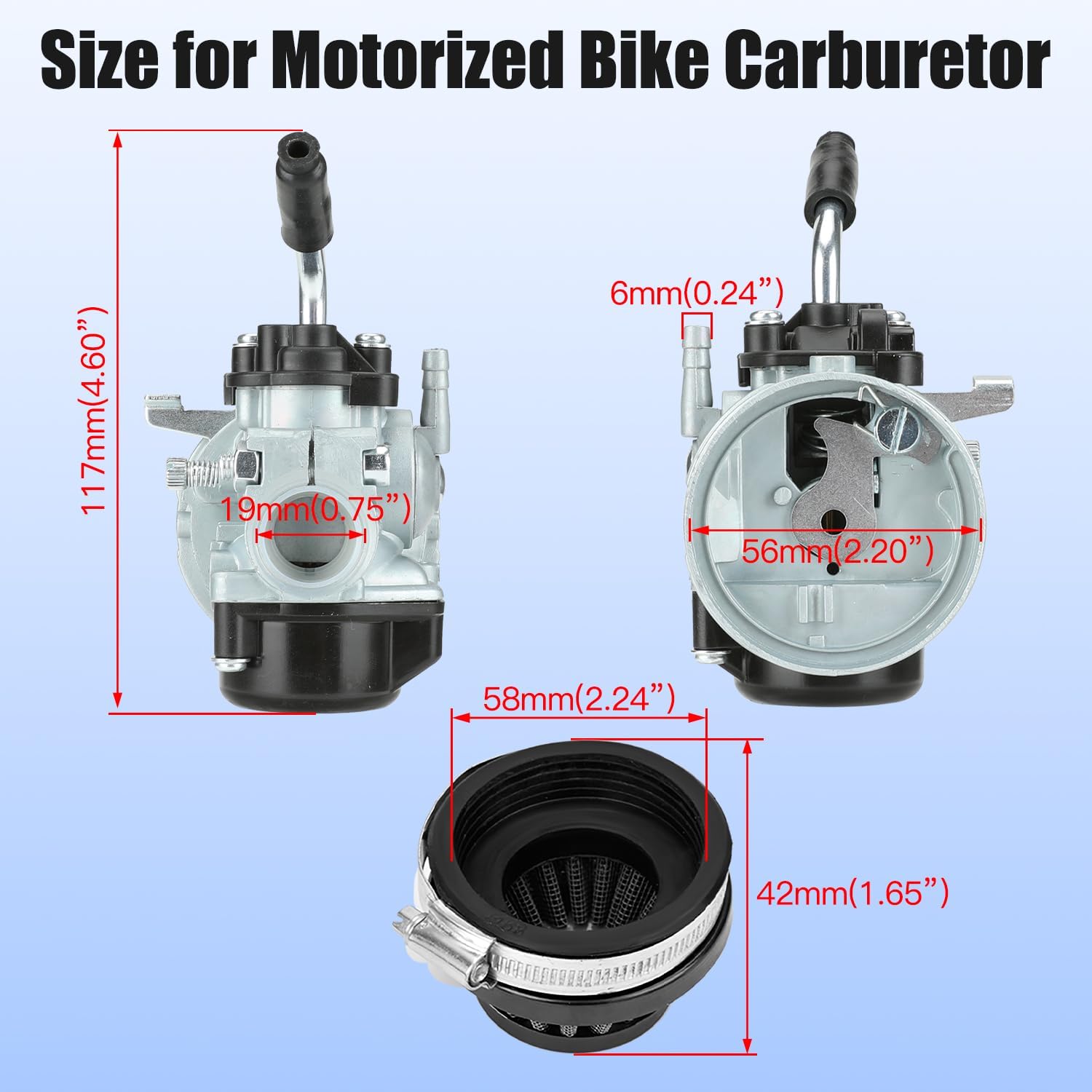 YOXUFA Carburador de carreras de 2 tiempos, kit de filtro de aire de 2.283 in para motor de 80 cc, 100 cc, 49 cc, 50 cc, 66 cc, motor de gasolina,
