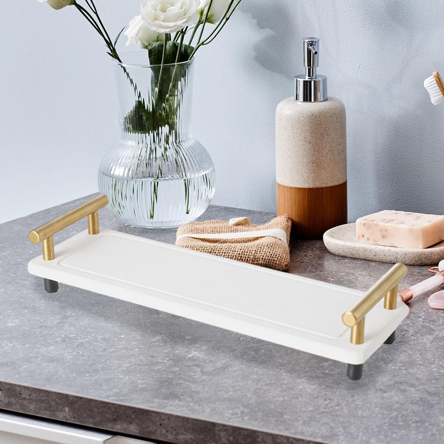 MagiDeal Organizador de fregadero de baño de secado instantáneo, bandeja de mostrador, soporte dispensador de jabón de esponja, almacenamiento
