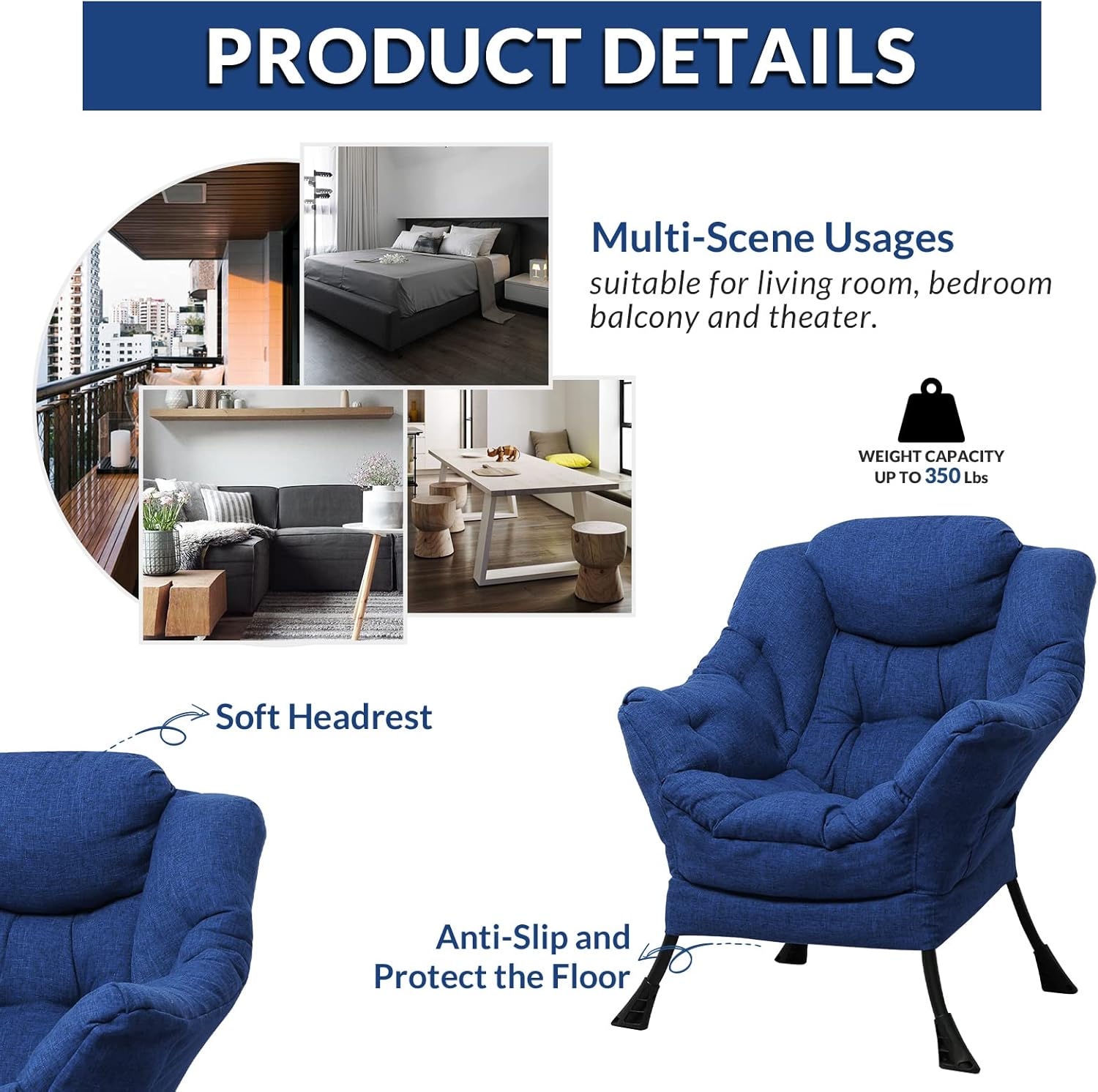 SOCIALCOMFY Silla moderna de tela de algodón, cómoda silla reclinable tapizada individual, silla de descanso contemporánea de acento suave con