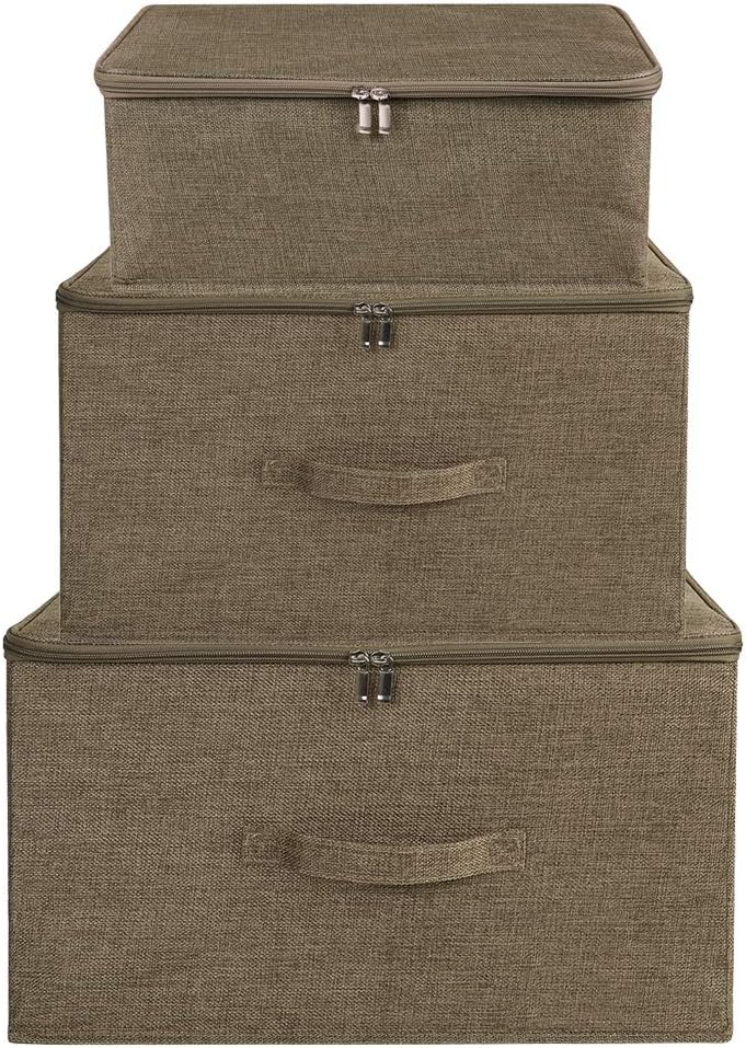 ANMINY Contenedores de almacenamiento con tapa con cremallera, cajas de almacenamiento con asas, tablero de plástico PP, plegable, tela de lino de