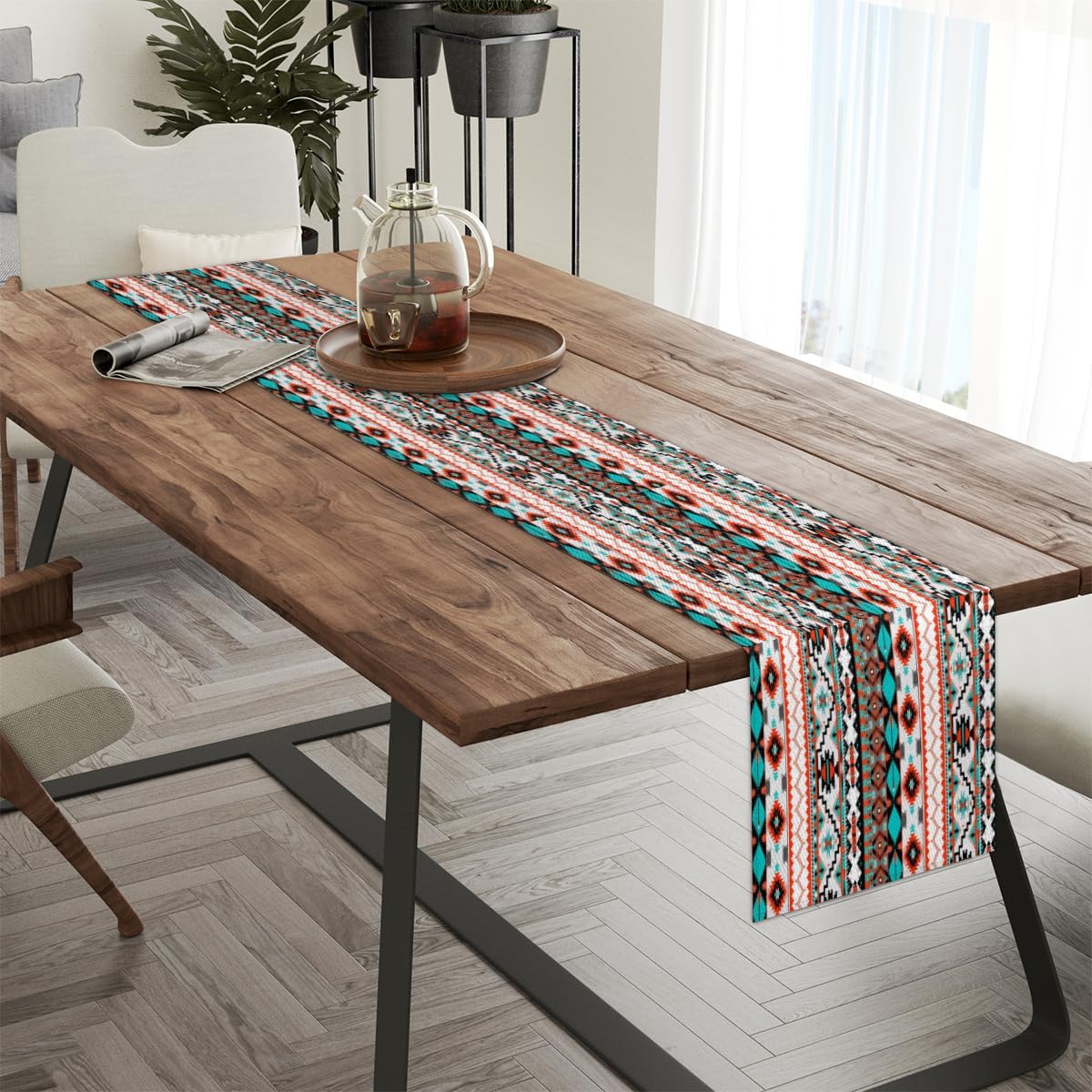 Table Runner Ethnic Tribal Geometric Pattern, Rustic Linen Table Cloth for Farmhouse Kitchen, Dinner, Events, Party, Holiday Table Decor 13 x 60