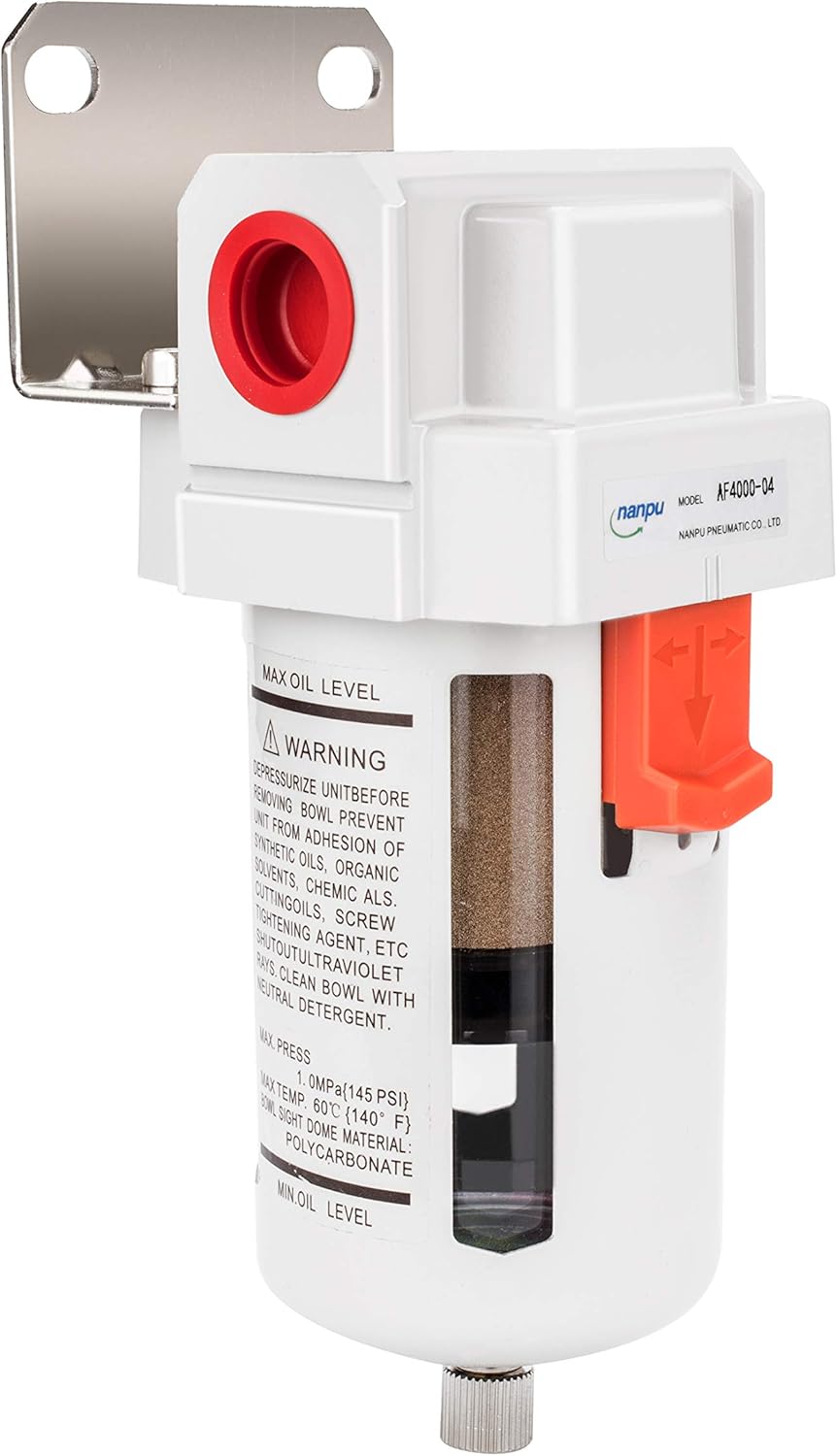 NANPU Filtro de línea de aire comprimido NPT de 12″, elemento de latón de 5 micrones, soporte, cuenco de polietileno, 145 psi