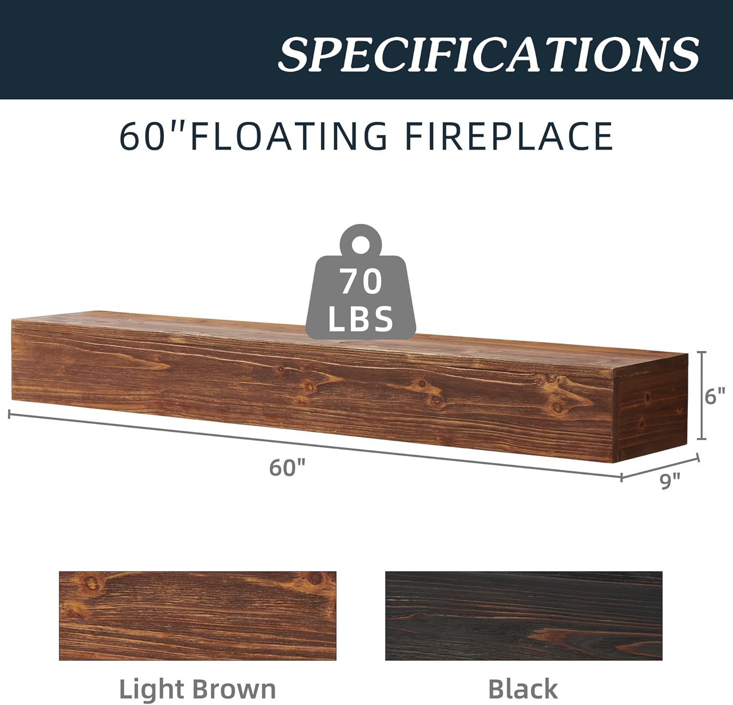 Estante rústico de 60 pulgadas para chimenea, repisa de madera para chimenea, para montar en la pared, repisa flotante para chimenea, color marrón