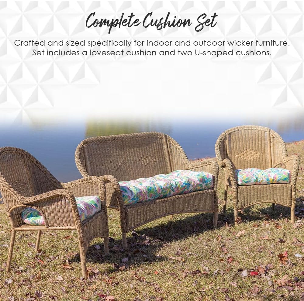 RSH Décor Juego de 3 piezas de sofá de mimbre copetudo y cojín para silla  Tela de poliéster para interiores y exteriores  Reversible  1 sofá