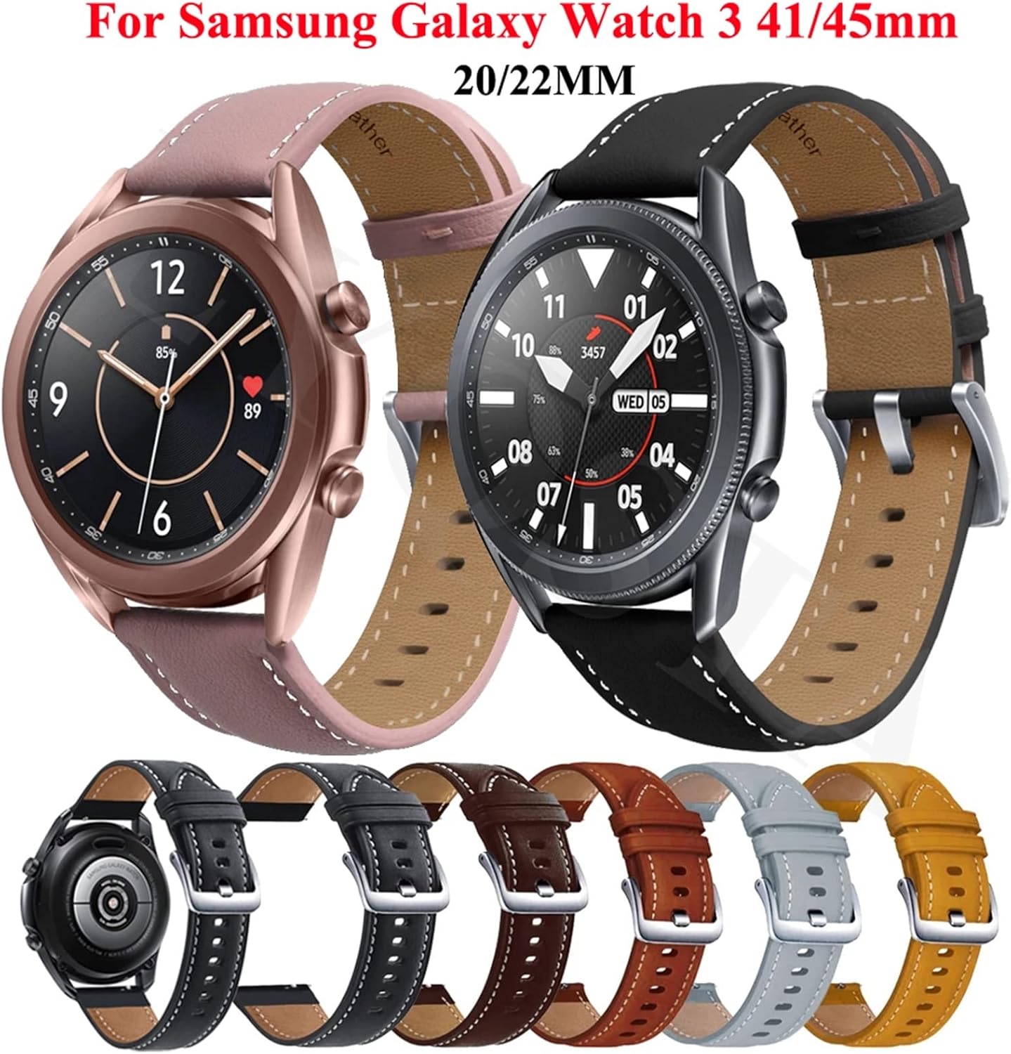 GANYUU Correa de cuero de 22 de 0.787in para Samsung Galaxy Watch 3 41 de 1.772in y 1.654in para Huawei Watch 3 GT2 de 1.811in Pro (color marrón,