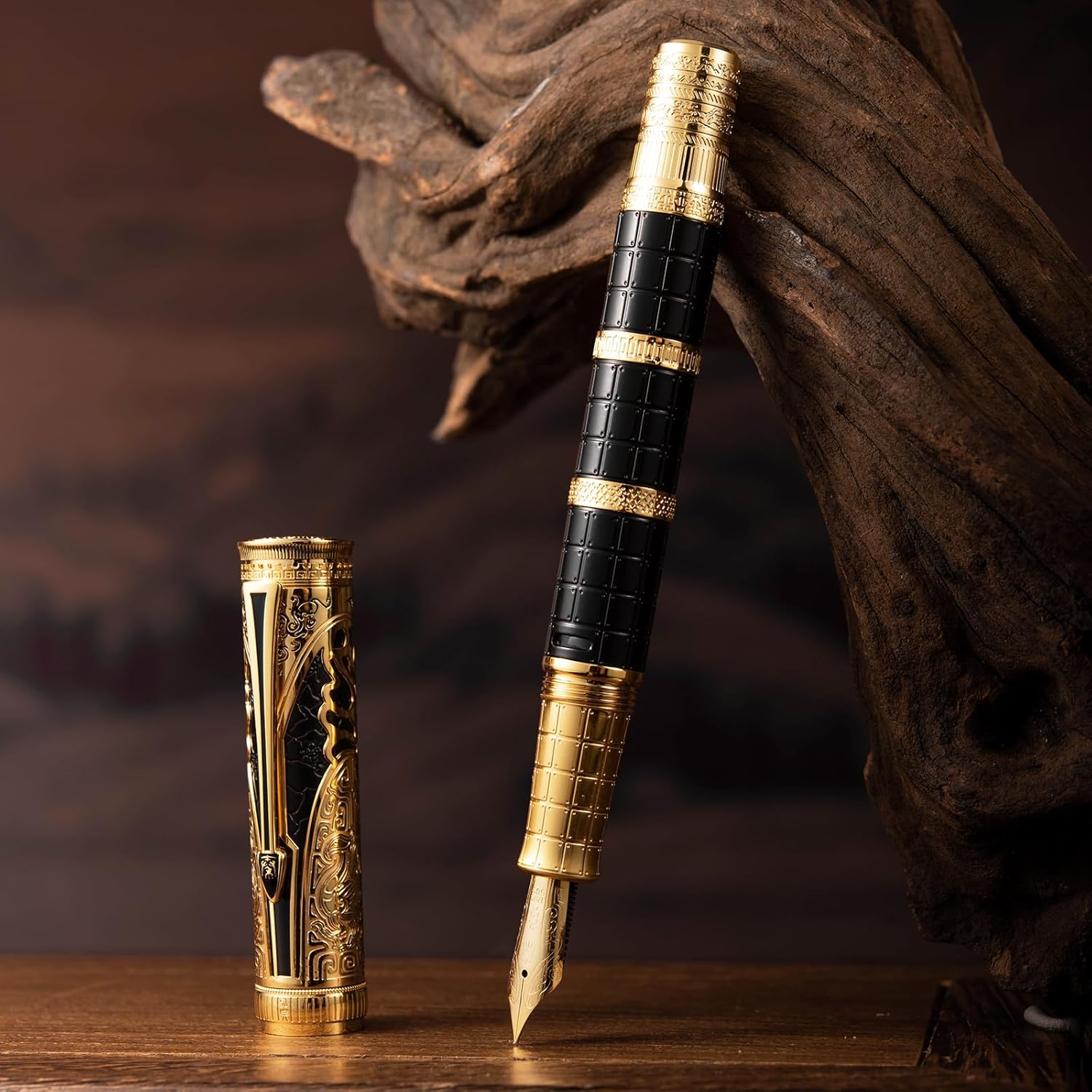 Hongdian D5 Pluma estilográfica Qin Dynasty Series 14K Gold Nib, pluma de lujo de pistón de estilo chino grabada para colección de escritura