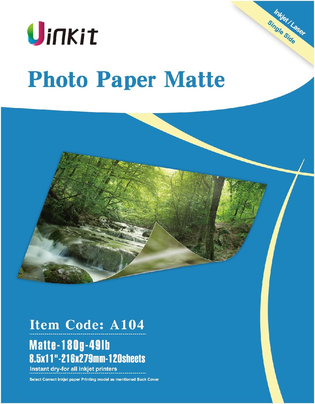 Uinkit 120 hojas de papel de presentación mate 8.5×11 inyección de tinta 48lb 180gsm foto imprimible de un solo lado para todas las impresoras de