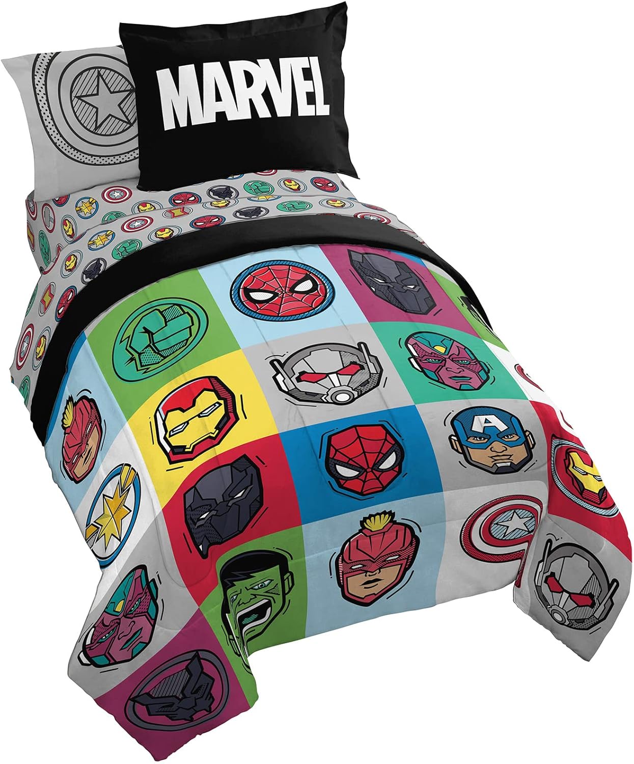 Jay Franco Avengers Emblems and Pop – Juego de ropa de cama matrimonial de 14 piezas