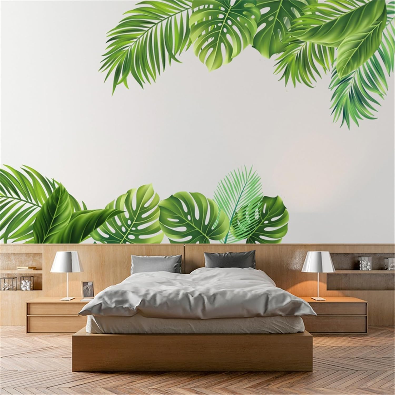 Adhesivo de pared de hojas verdes, flor, pájaro, selva, planta verde, despegar y pegar la tortuga tropical de la selva tropical, hoja trasera,