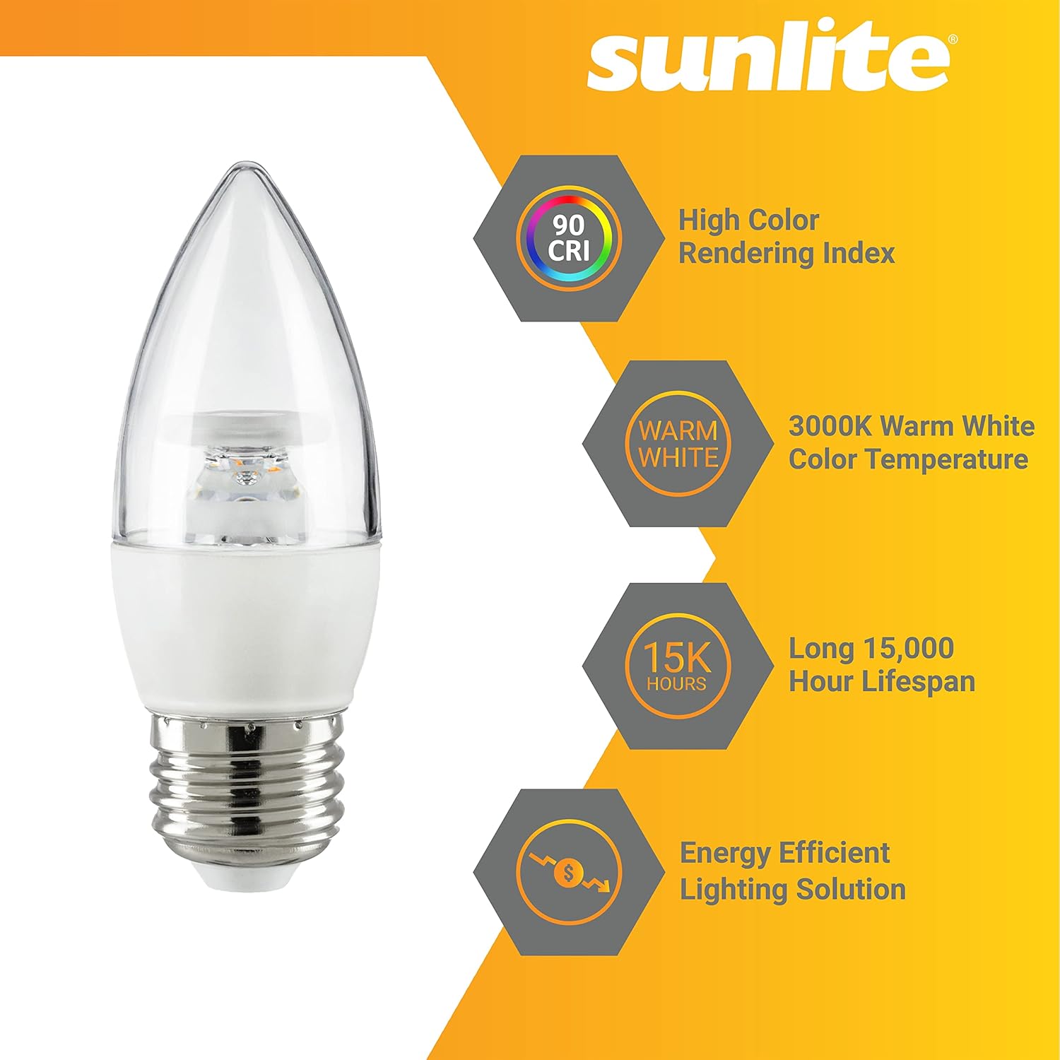 Sunlite 41775 Bombilla LED B13 decorativa para araña, 7 vatios (60 W  ), 500 lúmenes, 120 voltios, regulable, base E26, Energy Star, 90 CRI,