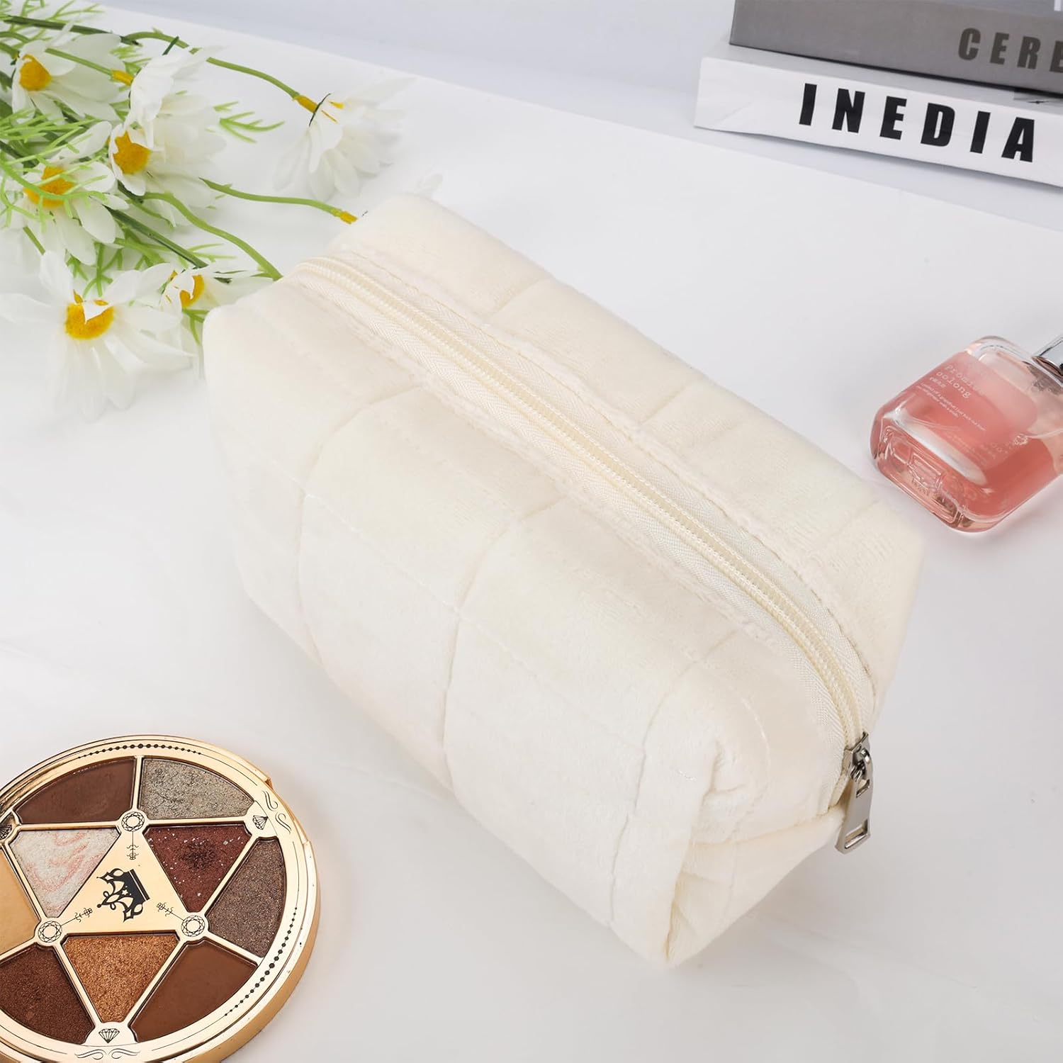 Bolsa de maquillaje de felpa, 2 piezas, bolsa de cosméticos a cuadros, bolsa de maquillaje grande y pequeña para bolso, bolsa de maquillaje linda