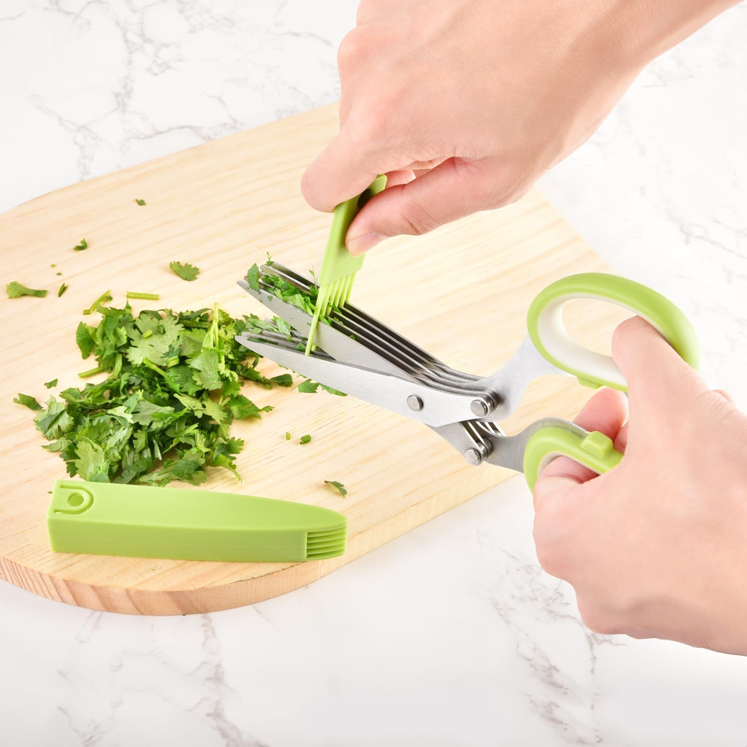 Tijeras de hierbas  Tijeras multiusos de acero inoxidable de 5 cuchillas para hierbas de cocina, cortador de hierbas con cubierta de seguridad y