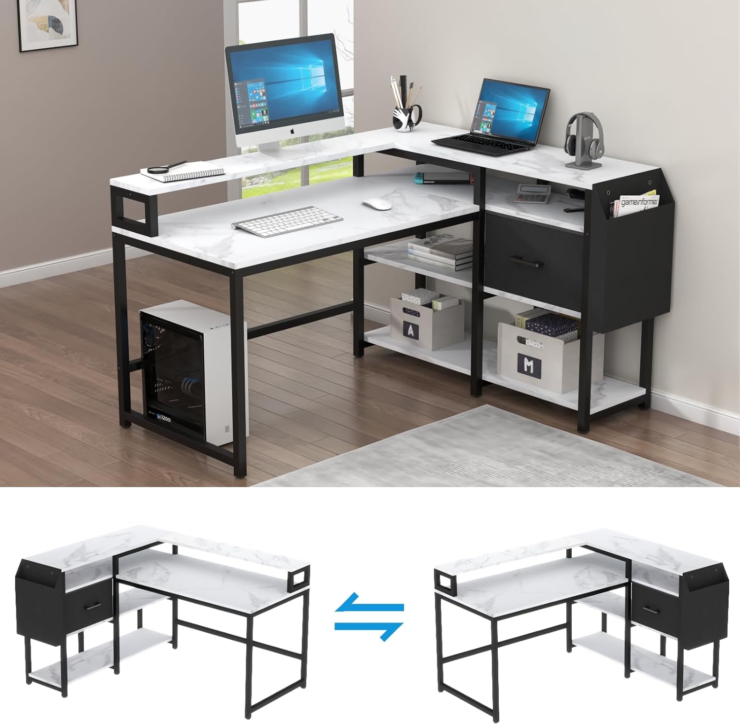 Loomie Escritorio reversible para computadora en forma de L con cajón, escritorio industrial de esquina de 55 pulgadas de ancho x 41 pulgadas de
