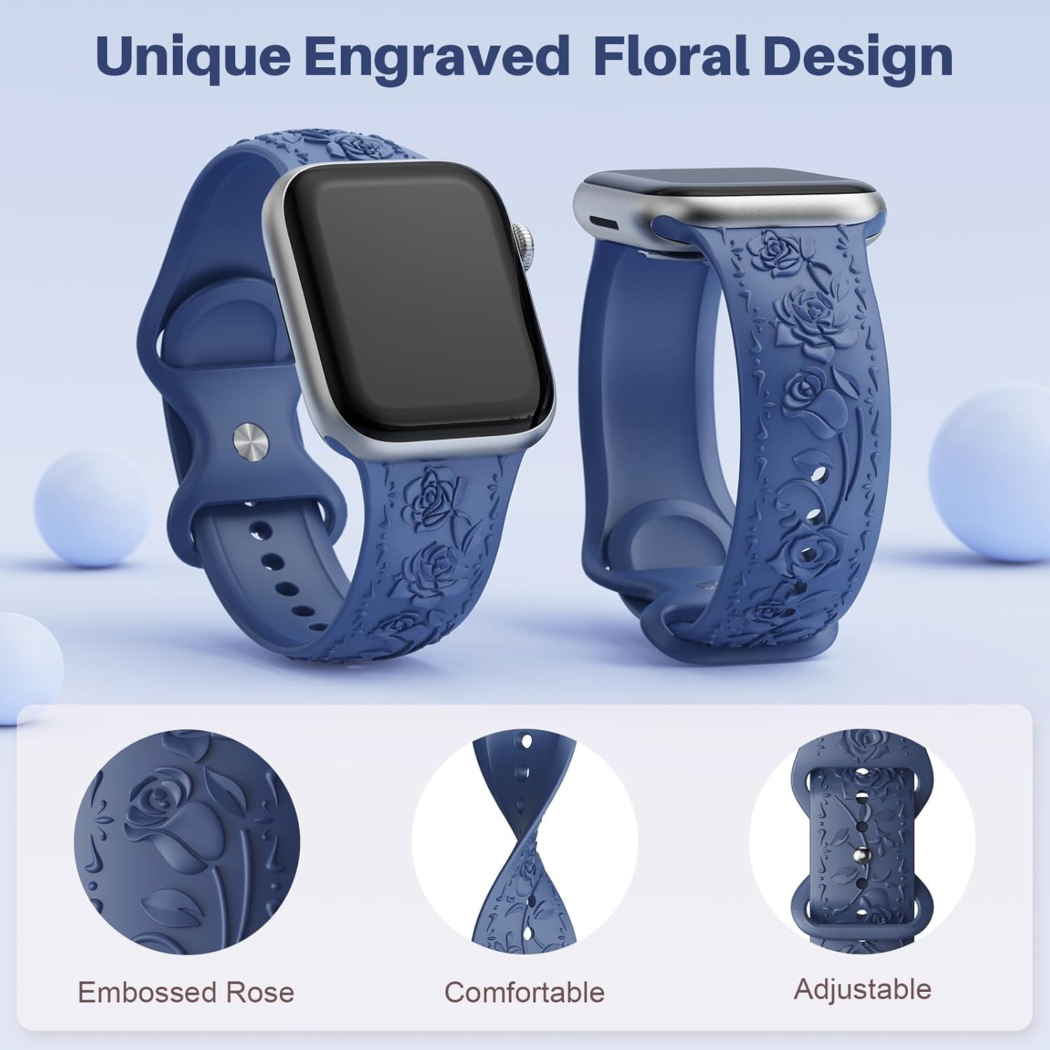 Correa de silicona suave con grabado floral compatible con Apple Watch Band de 1.575 in, 1.614 in, 1.496 in, 1.654 in, 1.732 in, 1.772 in y 1.929 in