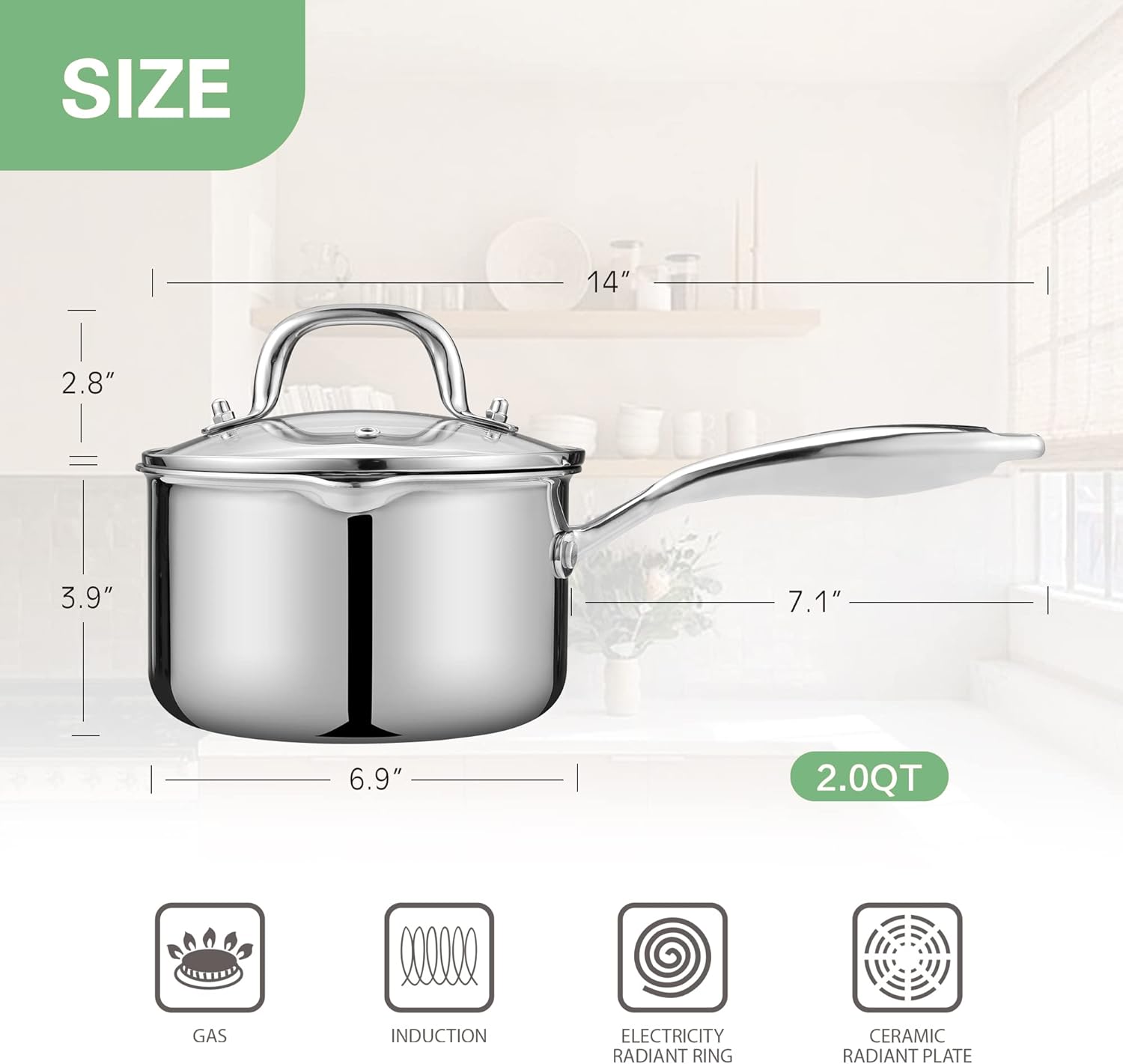 Olla de acero inoxidable de 2.0 cuartos de galón con tapa de colador de vidrio, olla con dos boquillas laterales, olla de cocción de inducción,