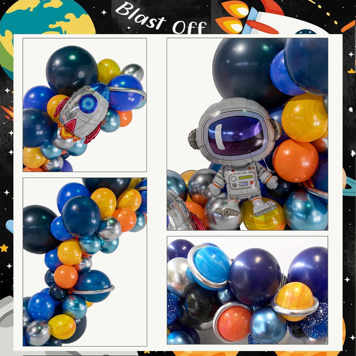 Kit de guirnalda de arco de globos espaciales, decoraciones de cumpleaños para niños con azul marino, naranja, plateado, cohete, astronauta, globos