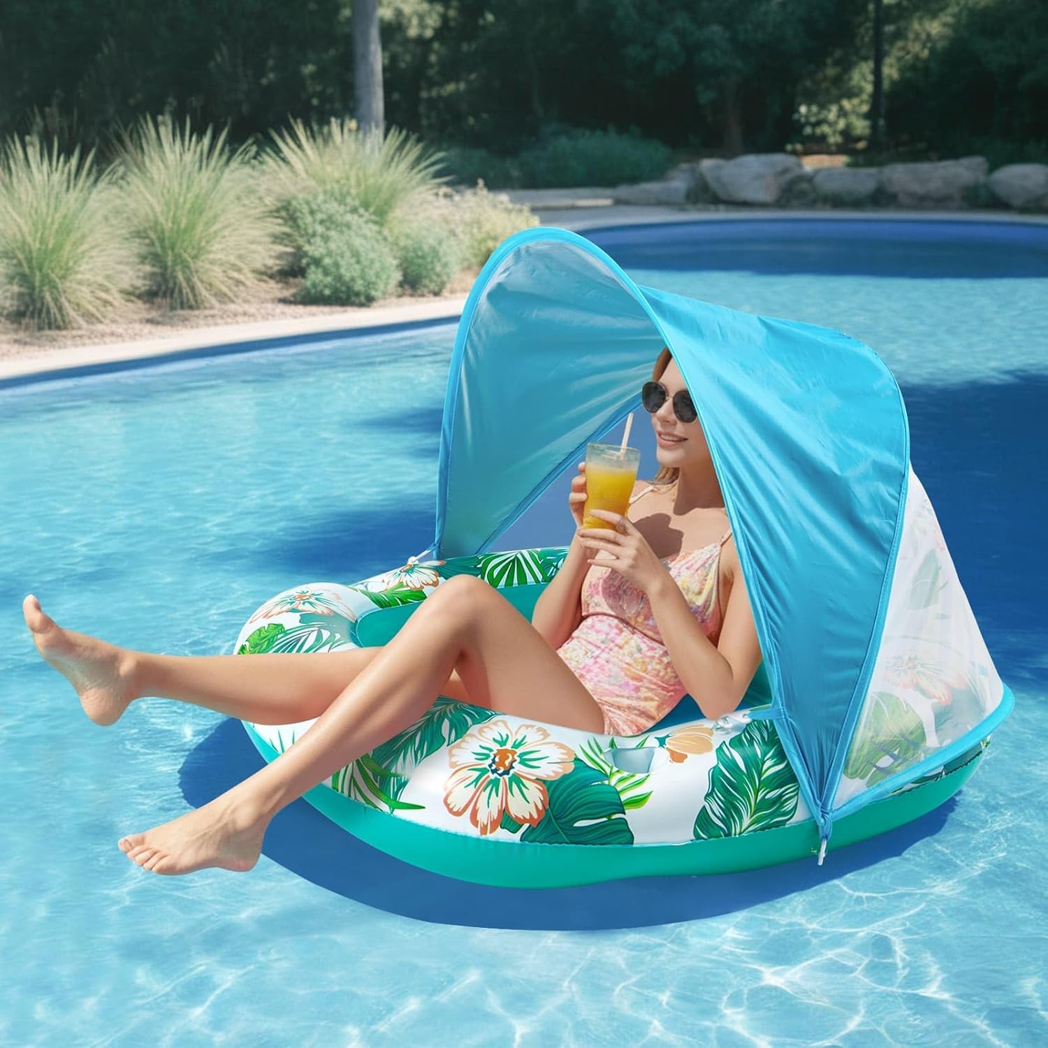 WERNNSAI Flotador de piscina con dosel  Silla inflable de piscina con portavasos para adultos, hamaca de agua flotante para piscina, tumbona,