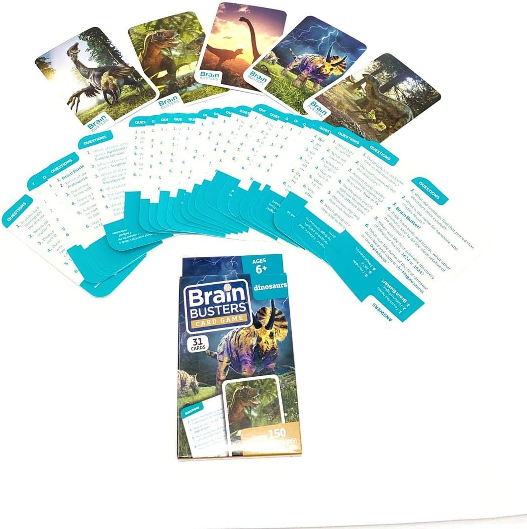 Brain Busters Juego de cartas con más de 150 preguntas de trivia Tarjetas didácticas (Dinosaurios)