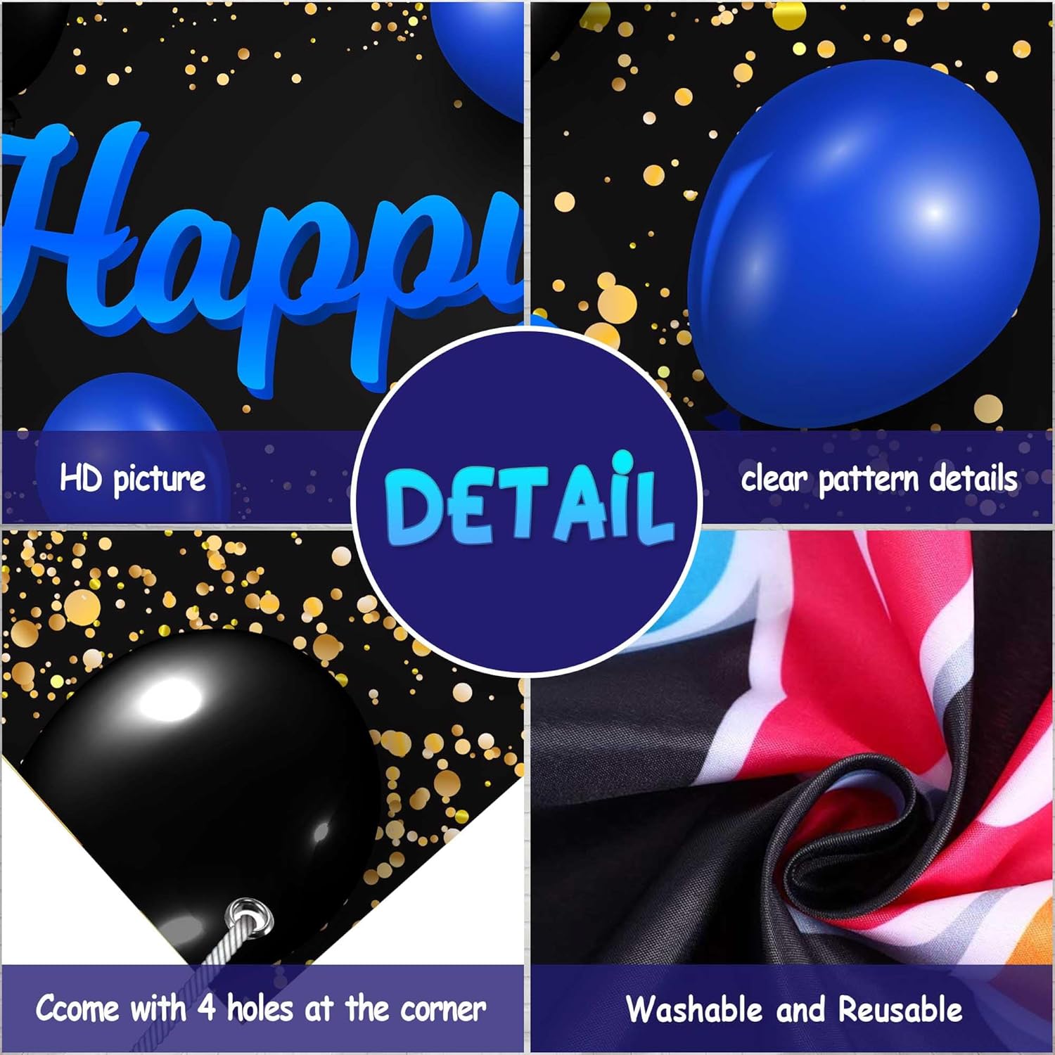 Cartel azul y negro de feliz cumpleaños número 10 años de edad, globos de confeti, decoración temática para niñas de 10 años, suministros de