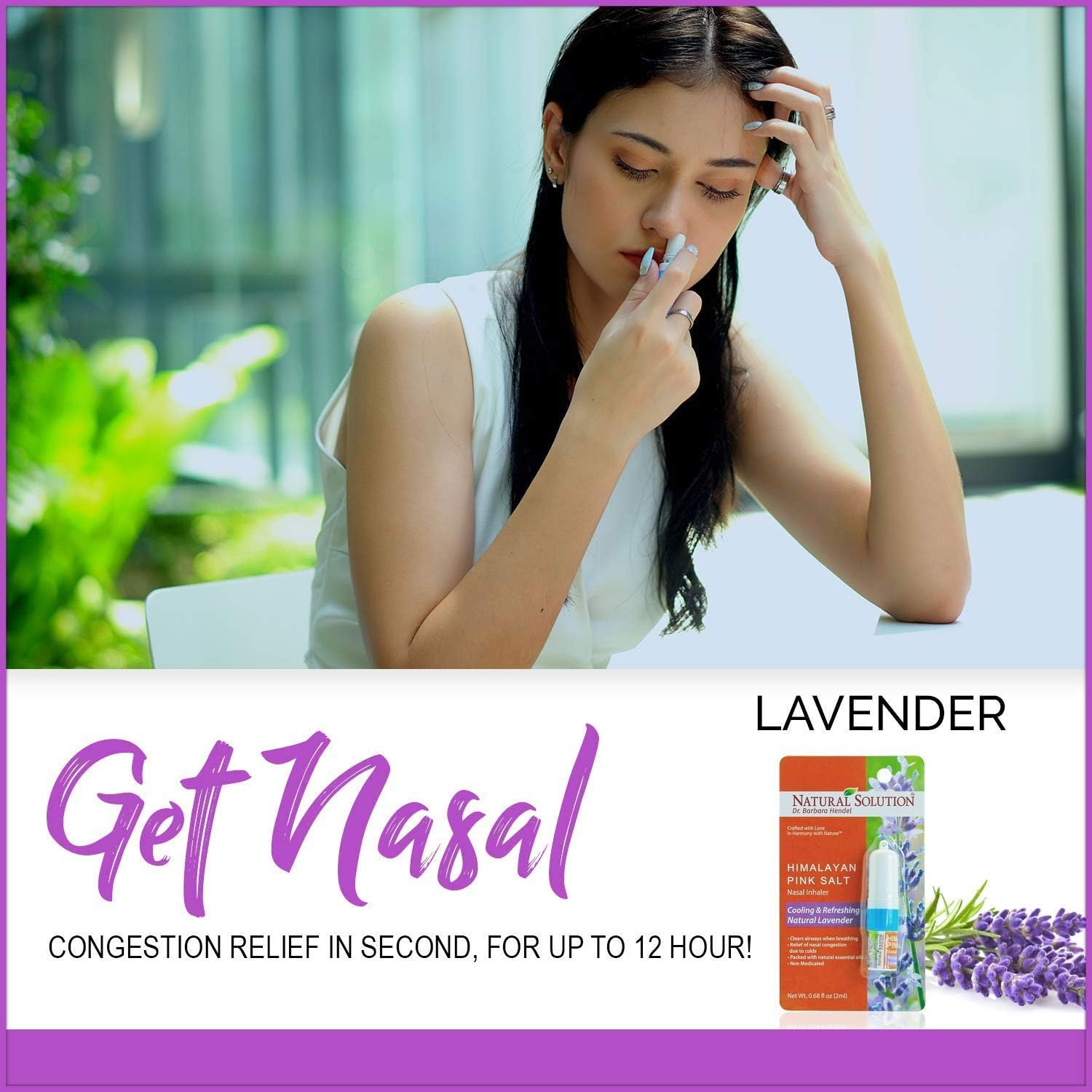 Natural Solution Inhalador nasal de sal rosa con aceites esenciales de lavanda relajantes, remedio para alivio de los senos nasales, alergias,
