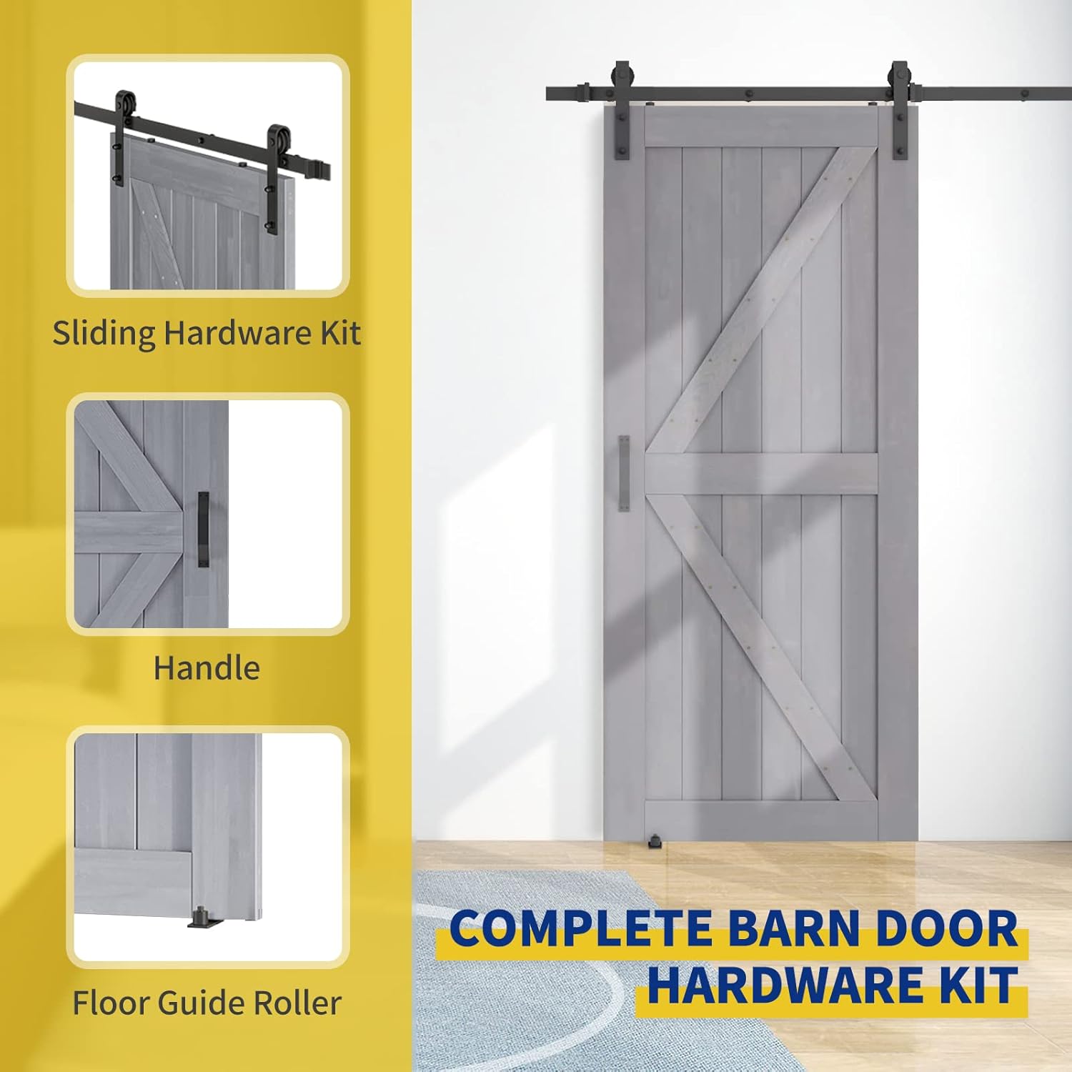 Pipleo – Puerta de granero de 303642 x 84 pulgadas con kit de herrajes para puerta de granero y asa, guía de suelo incluida, puerta corredera sin