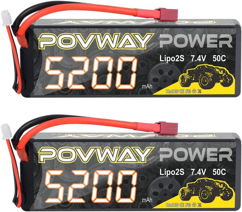 POVWAY 5200mAh 2S LiPo Battery 50C 7.4V RC Battery Hard Case with Dean-Style T Connector for RC Cars, RC Truck, RC Airplane, RC Helicopter, Drone,