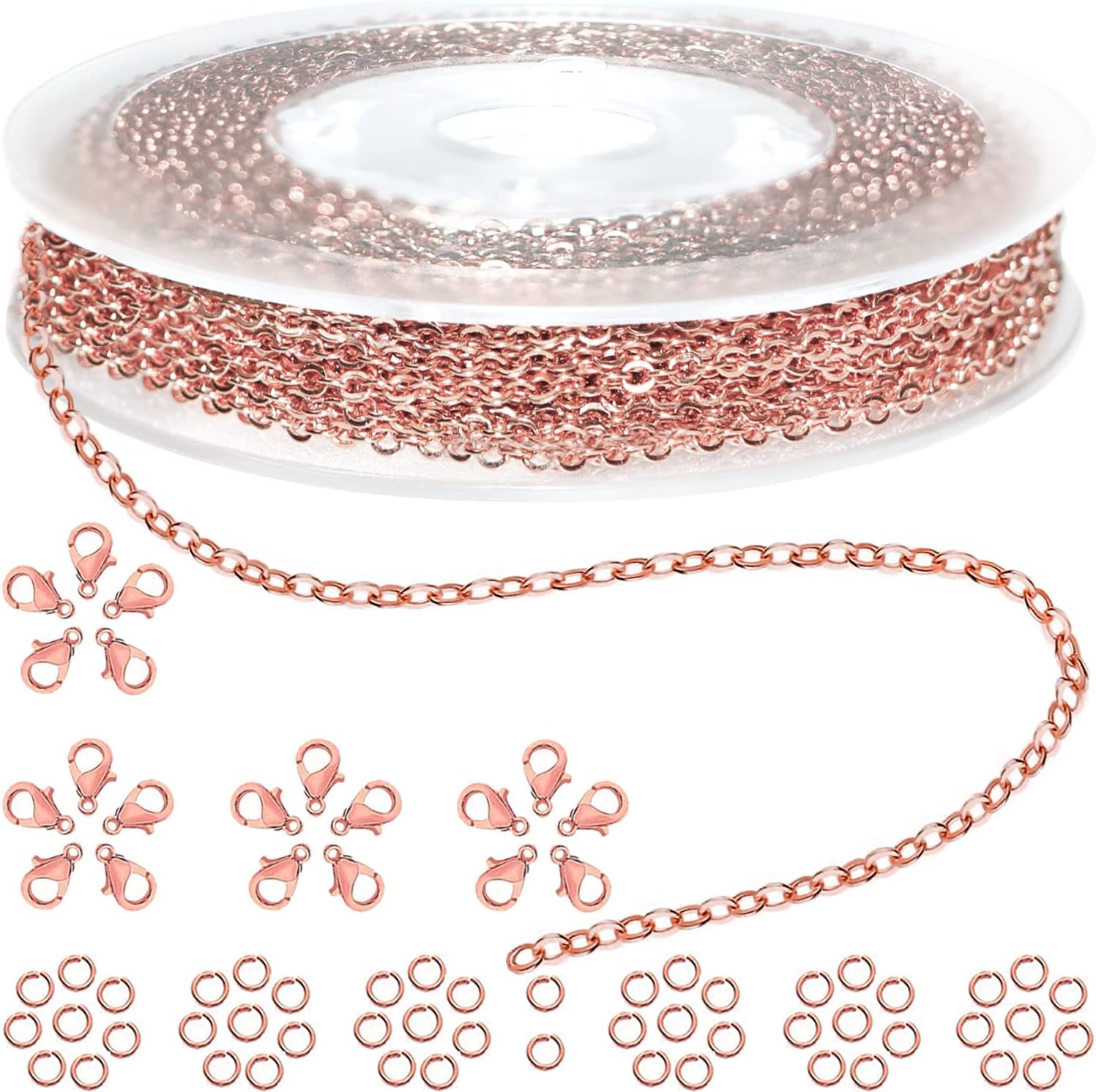 Jishi Rollo de cadena de cable de eslabones de 33 pies de 0.079 pulgadas, cadena de oro rosa para hacer joyas, collares, aretes, pulseras,
