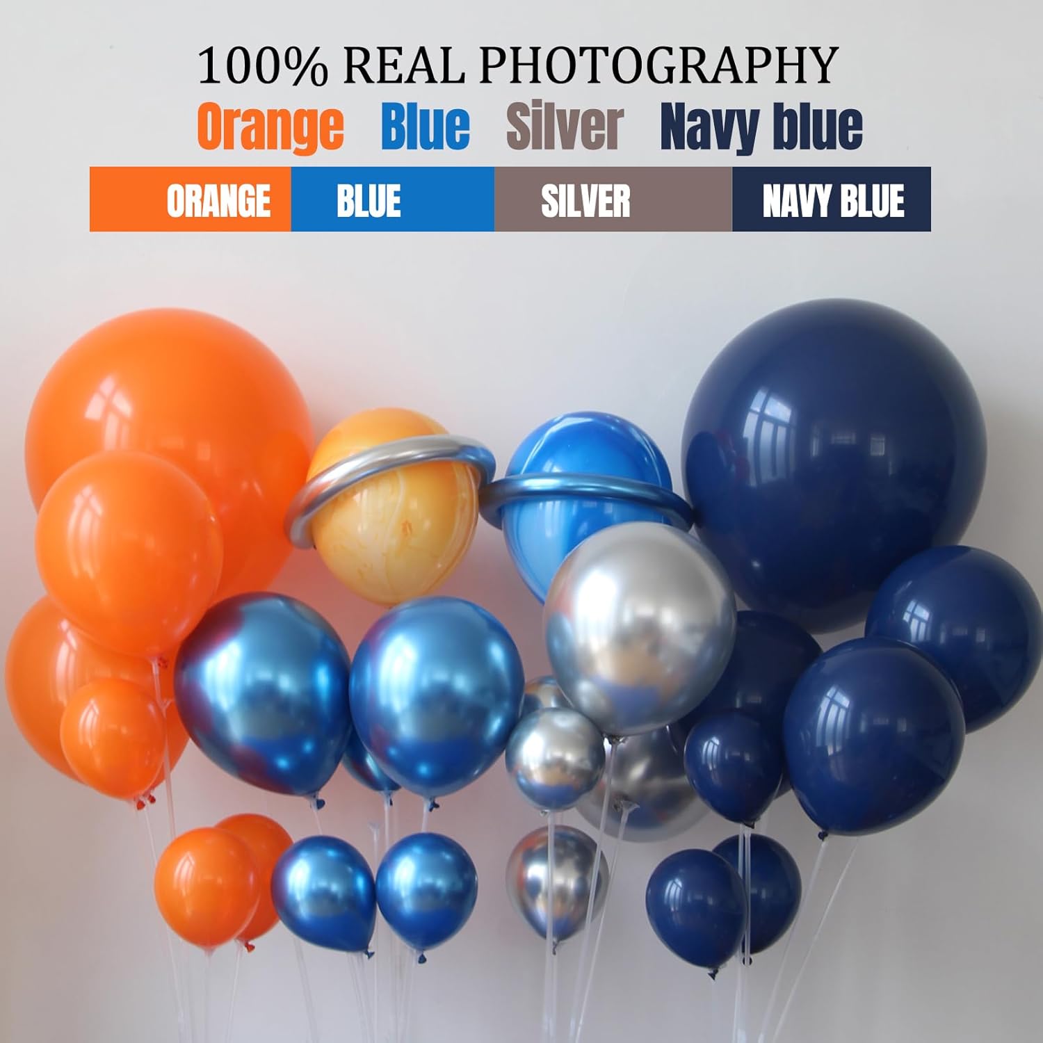 Kit de guirnalda de arco de globos espaciales, decoraciones de cumpleaños para niños con azul marino, naranja, plateado, cohete, astronauta, globos
