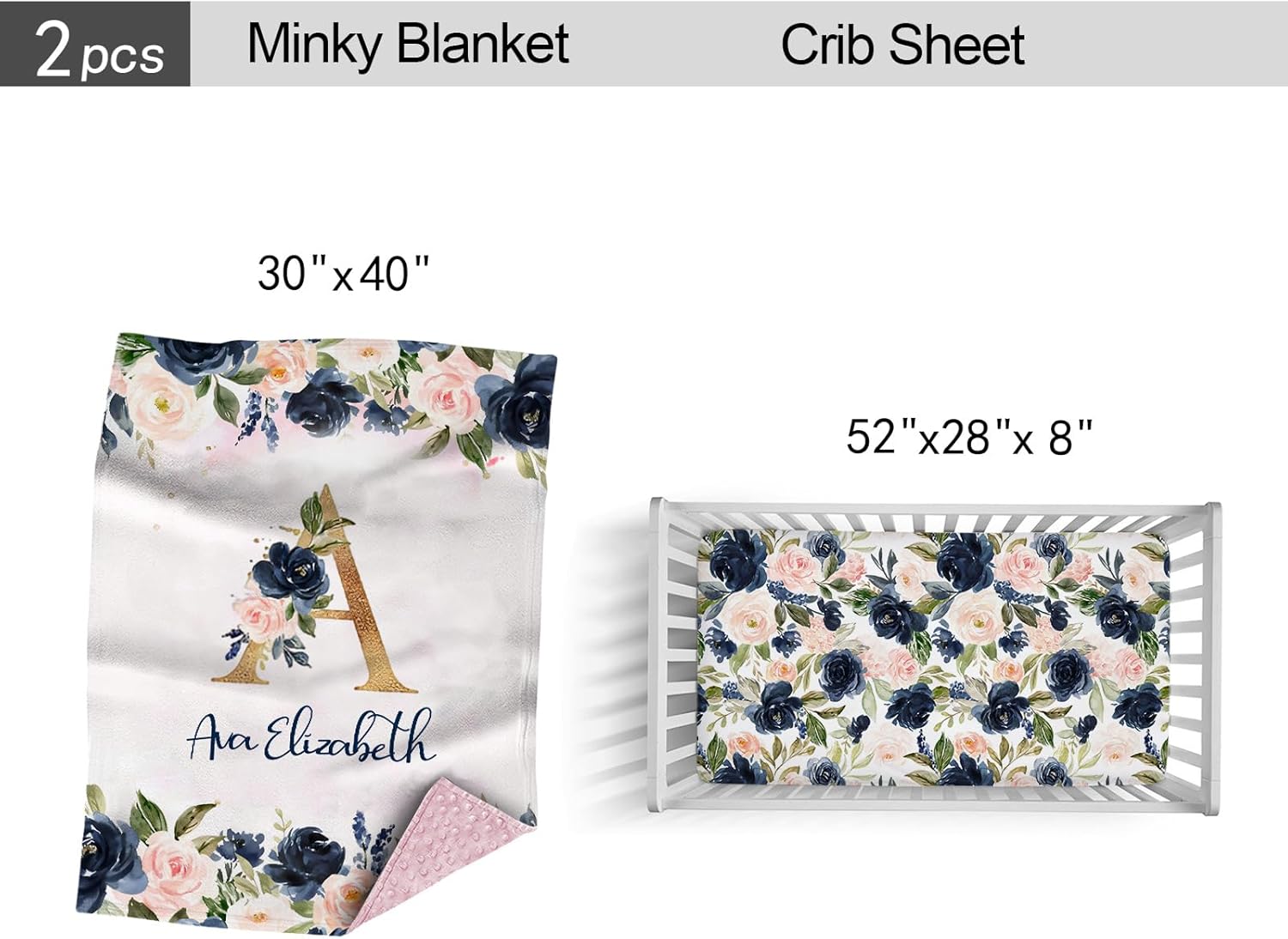 Juego de ropa de cama personalizado para cuna para niñas bebés, juego de ropa de cama personalizada para cuna, ropa de cama de guardería floral azul