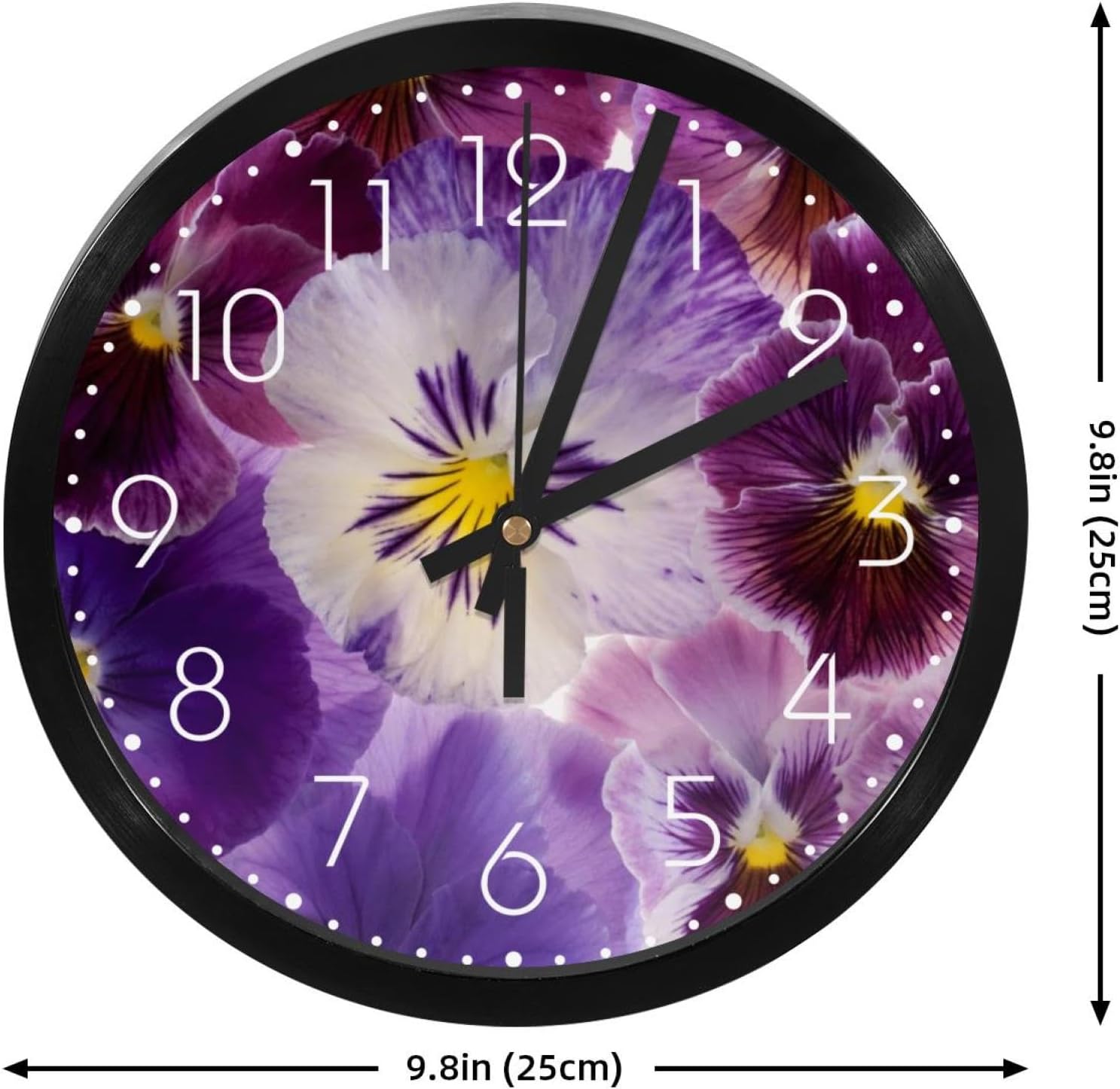Reloj de pared, diseño de flores moradas, 9.8 pulgadas, silencioso, sin tictac, fácil de leer, moderno, decorativo, para el hogar, la oficina, la