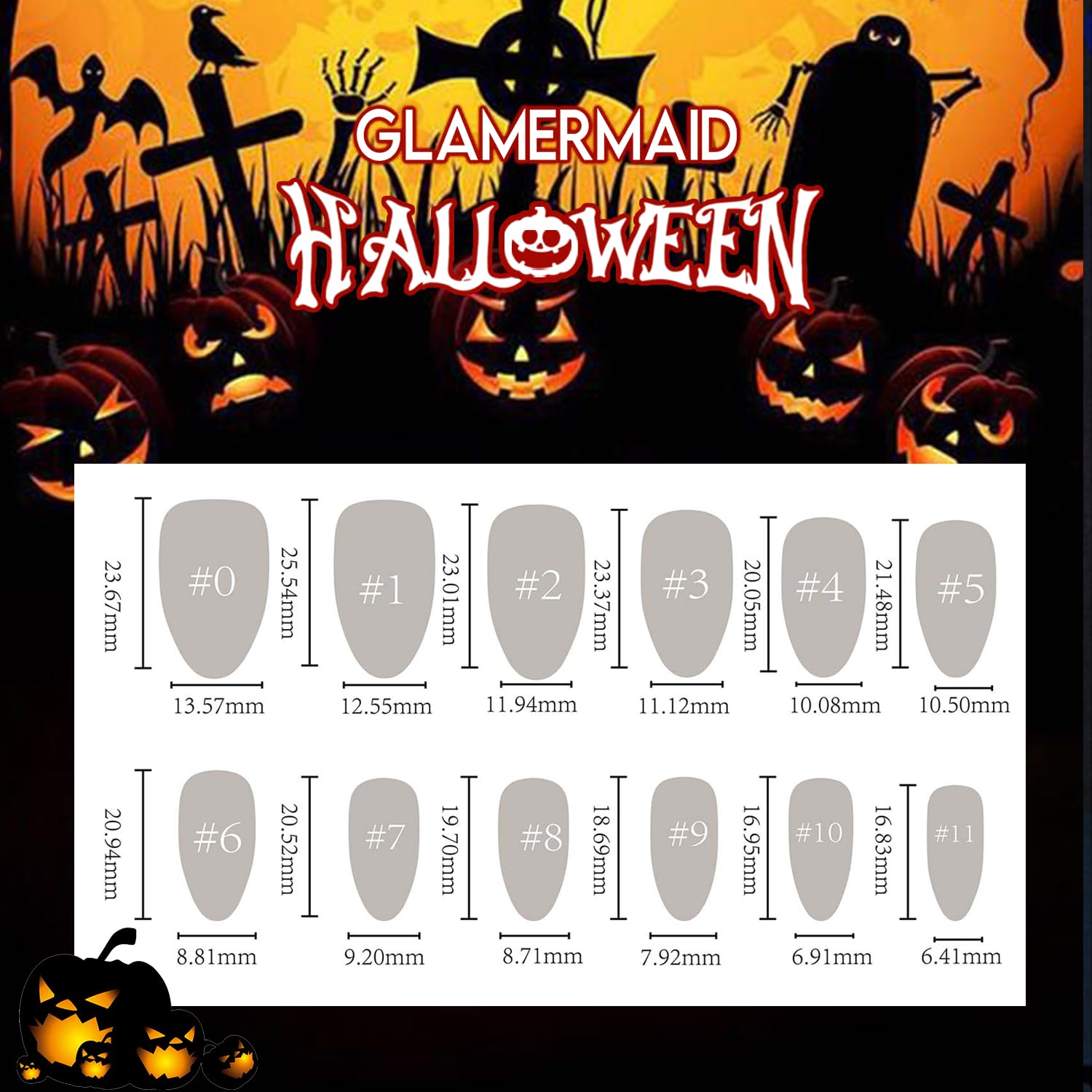 GLAMERMAID Uñas postizas cortas a presión de almendra para Halloween, uñas postizas de gel gótico negro con diseño de calavera, uñas ovaladas